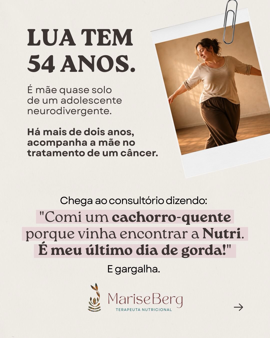 “— Me desconectei de mim quando a minha mãe adoeceu.”
Há frases que reorganizam uma consulta inteira.
A Lua acreditava que precisava de mais uma dieta.
Mas, antes da dieta, havia uma história que ainda precisava ser escutada.
Foi dessa consulta que nasceu A Lua se reacendeu, a primeira narrativa da série Por trás do Garfo.
Escrevo histórias inspiradas em encontros reais do consultório porque acredito que, ao acompanhar a história de outra pessoa, podemos encontrar um pouco da nossa.
📖 Se você gosta de histórias...
ou sente curiosidade pelo que existe por trás do garfo...
o conto completo está no Substack.
🔗Toda semana, uma nova história no Substack. Link na bio.
#ComerEmocional #Mindfulness #Autocompaixão #NutriçãoComportamental #NutriçãoTerapêutica PorTrásDoGarfo