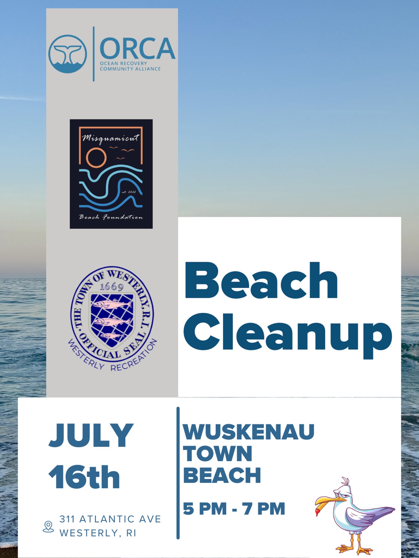 Join us for an evening beach cleanup at
Wuskenau Town Beach! 🌊
On July 16th from 5–7 PM, ORCA is teaming up with the Misquamicut Beach Foundation and Westerly Recreation to help care for our coastline and keep our local beaches clean.
Bring a friend, lend a hand, and spend a summer evening making a difference for the ocean and our community. Every piece of trash removed helps protect the places we all love.
Wuskenau Town Beach, 311 Atlantic Ave, Westerly, RI
July 16th
5–7 PM
We hope to see you there!
#BeachCleanup #OceanConservation #VolunteerToday #RhodeIsland #ProtectOurCoast OceanRecoveryCommunityAlliance