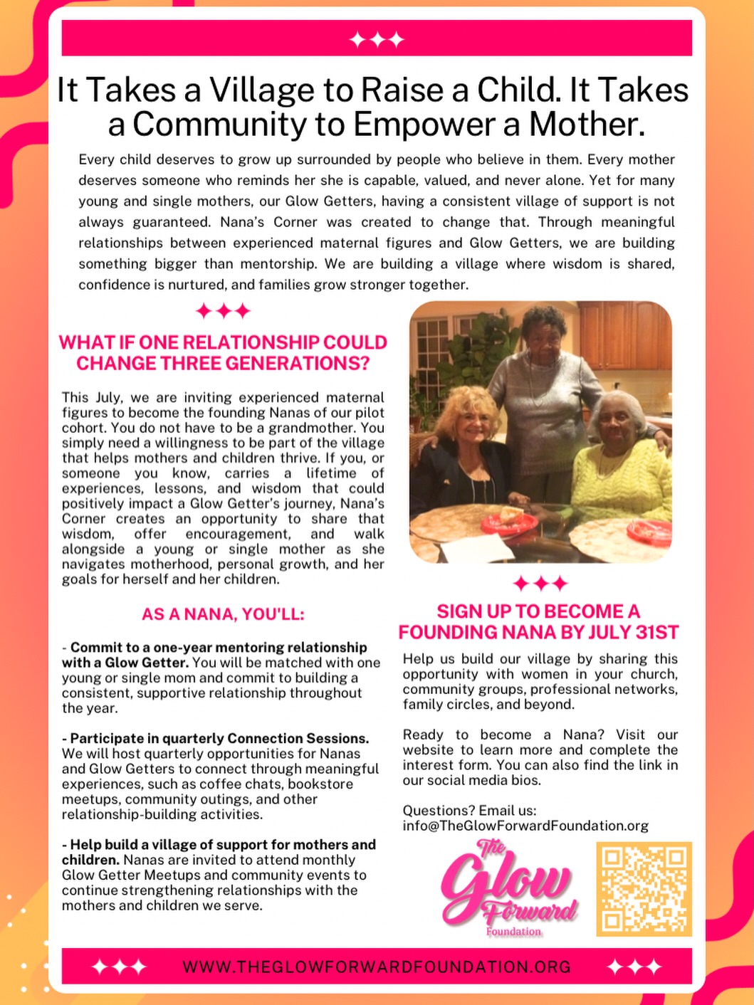 We’re sharing a little more about what it means to be a Nana. 💕
If you’ve ever wished someone had been there to guide you, encourage you, or simply remind you that you weren’t alone, you already understand why this matters. One caring relationship can make a lasting difference for a young or single mom, her children, and generations to come.
We’re looking for experienced maternal figures who are ready to share their wisdom, encouragement, and love with one of our Glow Getters.
✨ Applications close July 31. Help us build the village every mother deserves.
💖 Learn more by scanning the QR, 🔗in our bio, or visiting www.theglowforwardfoundation.org
#NanasCorner #TheGlowForwardFoundation #ItTakesAVillage #BaltimoreNonprofit