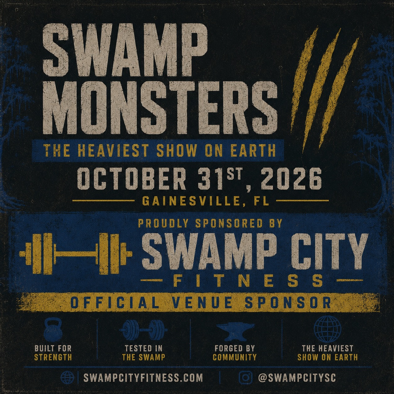 Our first sponsor spotlight is here! Every great competition needs a home, and we’re proud to announce that Swamp City Fitness returns as the Official Venue Sponsor for Swamp Monsters III. Swamp City has been home to our equipment collection and our home base for our in person clients for 5 years now. Providing an amazing environment for growth.
-
Located in Gainesville, Florida, Swamp City Fitness is a 4,500+ square-foot warehouse-style functional fitness facility built for athletes who want more than a typical commercial gym. With eight garage doors opening to the Florida air, the gym combines indoor and outdoor training in an environment designed for functional fitness, Olympic weightlifting, strongman, powerlifting, calisthenics, obstacle course training, and strength & conditioning.
-
What truly sets Swamp City Fitness apart is its community. Their coaching philosophy emphasizes accountability, guided instruction, and helping athletes of every experience level build real strength and confidence. Whether your goal is your first workout or your next podium finish, you’ll find knowledgeable coaches and a supportive atmosphere committed to helping you succeed.
-
Swamp City Fitness has become a hub for Gainesville’s strength community, hosting athletes across multiple disciplines while continuing to grow the sport through local events, coaching, and community involvement.
-
We want to thank Ed and Biz at Swamp City as a great part of what Swamp Monsters has become over these last few years and look forward to bringing the best competitors into such a great community and vice versa.