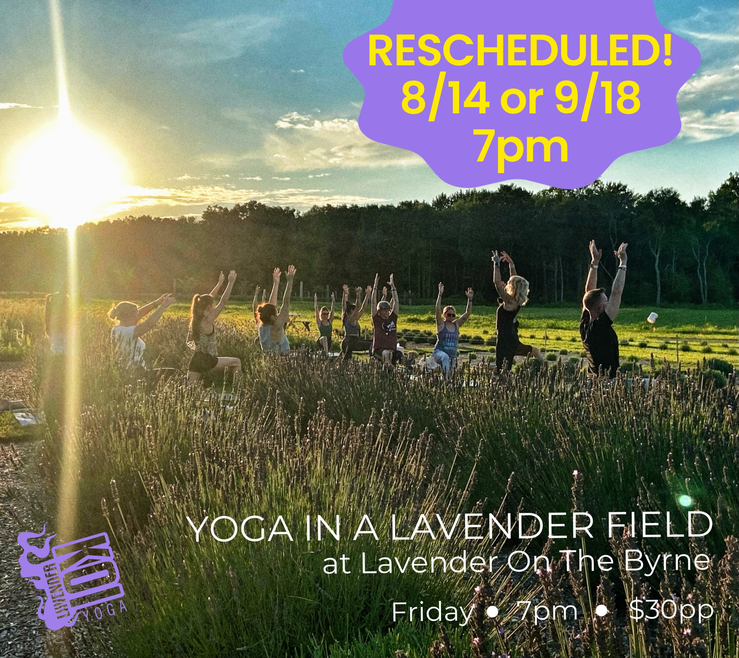 Ugh! Unfortunately we have to reschedule tonight’s event. We want everyone to have the best experience and NOT breathe in pollution. So we have two new dates to choose from!
Friday 8/14 or 9/18, 7pm
The September event will have sunflower fields in bloom🌻!!!!
Contact: LavenderKoiYoga.com