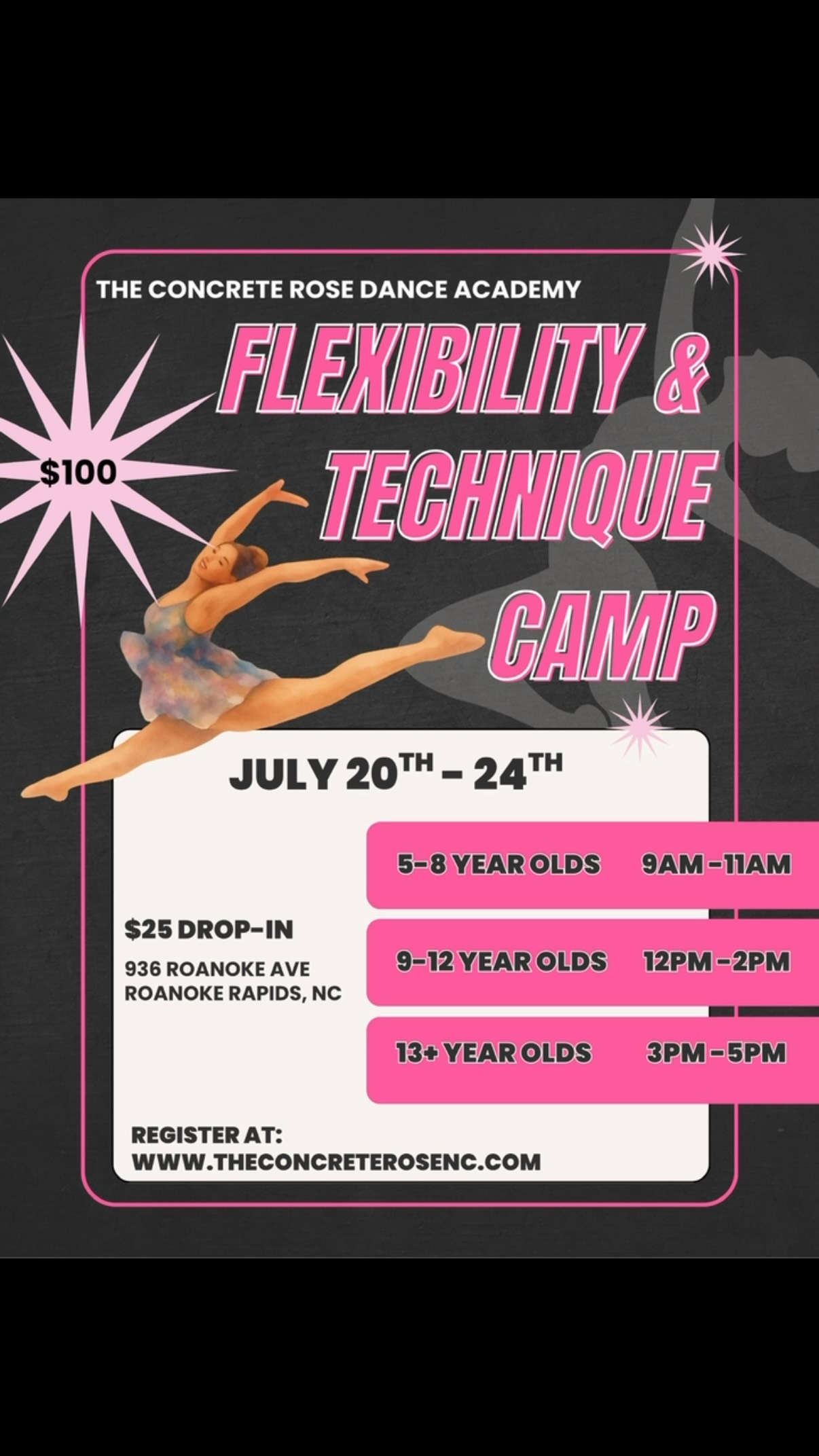 ✨ Strong dancers aren’t just born... they’re built. 🌹
Every beautiful leap, clean pirouette, high kick, and pointed toe starts with a strong technical foundation.
Our Flexibility & Technique Camp is designed to help dancers:
🌹 Increase flexibility
🌹 Improve turns, kicks & leaps
🌹 Build strength & balance
🌹 Gain confidence
🌹 Return to fall classes stronger than ever
Summer is one of the BEST times to improve because dancers can focus on their technique without recital choreography. One week of intentional training can make a huge difference!
📅 July 20–24
👧 Ages 5–8 | 9–11 AM
🩰 Ages 9–12 | 12–2 PM
💃 Ages 13+ | 3–5 PM
💲 $100 for the week | $25 Drop-In
⏰ Registration closes THIS FRIDAY!
Don’t let your dancer lose the progress they’ve worked so hard to achieve this season. Keep them moving, growing, and blooming all summer long. 🌹
Register today at www.theconcreterosenc.com
#summerdancecamp #TCRDA #DanceTechnique #FlexibilityTraining #roanokerapids