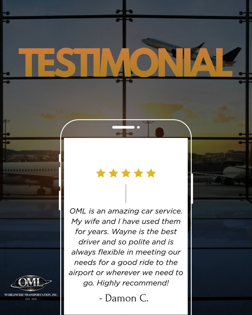 Relationships like this are what OML Worldwide is all about.
Thank you, Damon, for trusting us for your transportation needs over the years. We're so glad Wayne has helped make each ride a great experience - we'll be sure to pass along your kind words!
We truly appreciate your recommendation and look forward to serving you both for many more trips to come.
#OMLWorldwide #ClientAppreciation #ProfessionalTransportation
