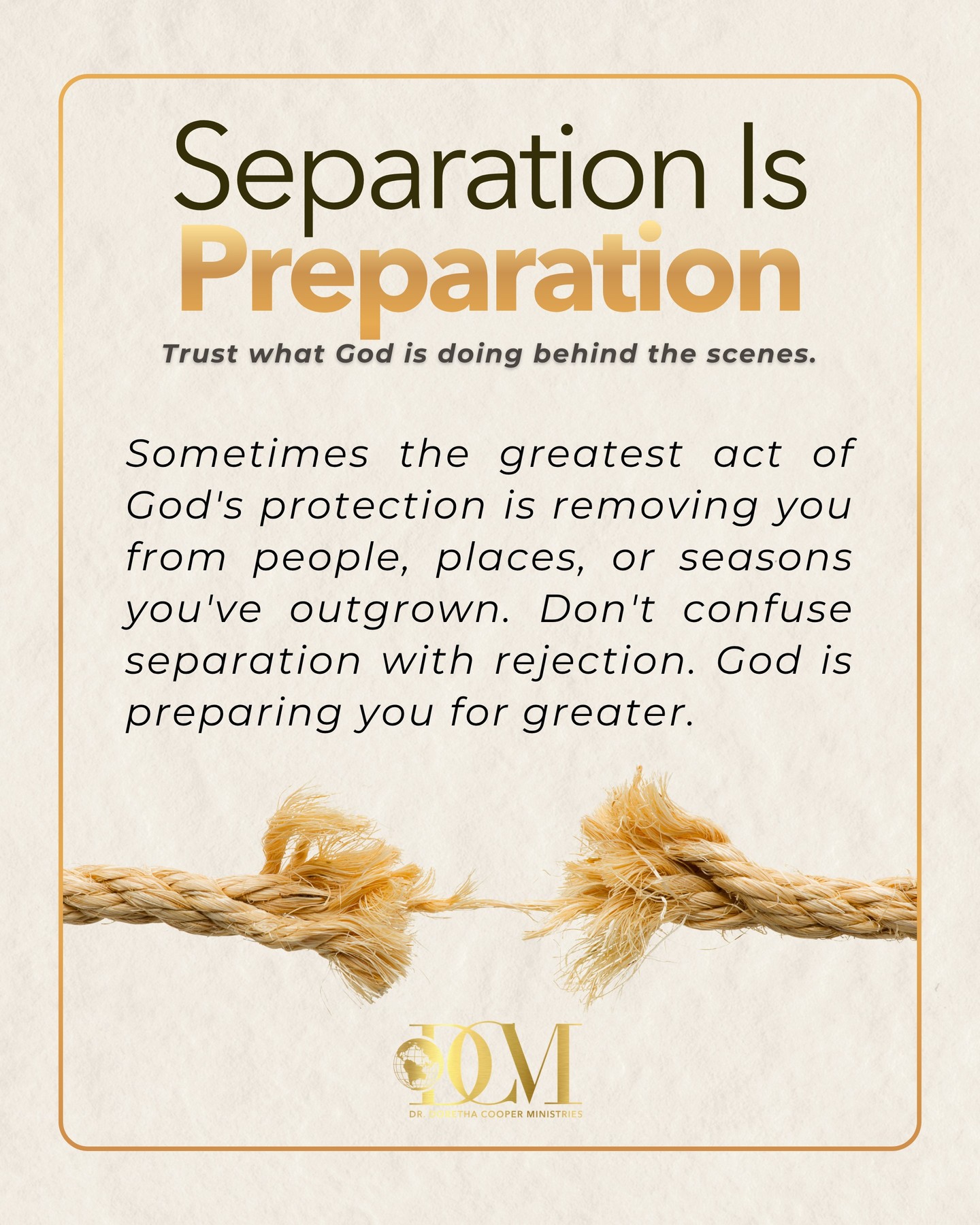 Separation is never meant to break you; it is meant to prepare you. ✨
There are moments when God pulls you away from people, places, or seasons that no longer align with your growth. It may feel uncomfortable, but it is actually His protection at work.
When God separates you, He is clearing space for clarity, healing, and elevation. He is removing what cannot go with you into your next season and strengthening what must. 🌿
Don’t confuse separation with rejection.
God is positioning you, refining you, and preparing you for greater. Trust what He is doing behind the scenes. 💛