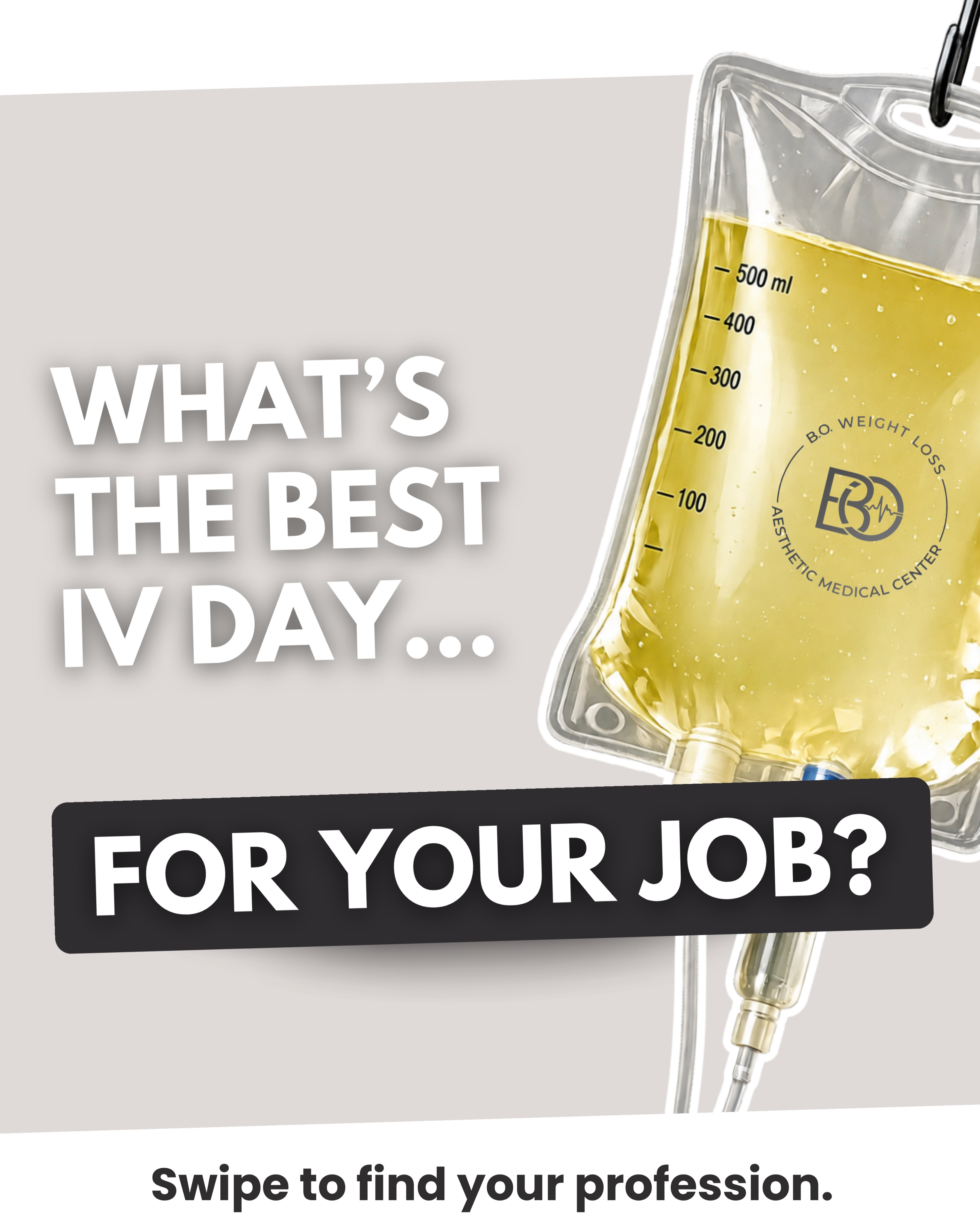 💧 What’s the Best Day to Get an IV Based on Your Job?
Not every profession places the same demands on your body. Some careers require long hours on your feet, others involve intense physical labor, high-stress environments, or constant mental focus.
That’s why we created this weekly IV Therapy guide—to help you discover which day may best fit your work schedule and wellness needs.
Our recommendations are based on the typical physical and mental demands of each profession, helping you stay hydrated, energized, focused, support your immune system, and recover so you can perform at your best.
📅 Monday: First Responders & Healthcare Professionals
📅 Tuesday: Engineers, Architects & Office Professionals
📅 Wednesday: Construction, Landscaping, Cleaning & Maintenance Professionals
📅 Thursday: Sales, Customer Service, Hospitality, Transportation & Culinary Professionals
📅 Friday: Beauty, Barbering & Fitness Professionals
Don’t see your profession?
📞 Give us a call! Our team will help you determine which day may be the best fit based on your work schedule, lifestyle, and wellness goals.
At B.O. Medical Center, we personalize every IV Therapy experience to help you stay hydrated, recover faster, boost your energy, and feel your best.
💧 Feel Better. Perform Better. Inspire Change.
💳 Payment options: Apple Pay, Klarna, Affirm, CareCredit, Link, Cash App
📍 6100 Greenland Rd Suite 301, Jacksonville, FL 32258
📞 RSsVP: (904) 467-4431
💬 Write us your number and we’ll contact you
🗣️ (904) -_
Follow our medical staff:
👩🏾⚕️ @the_metabolic_md
👨🏻⚕️ @drjosebird
🌐 www.bomedicalcenter.com