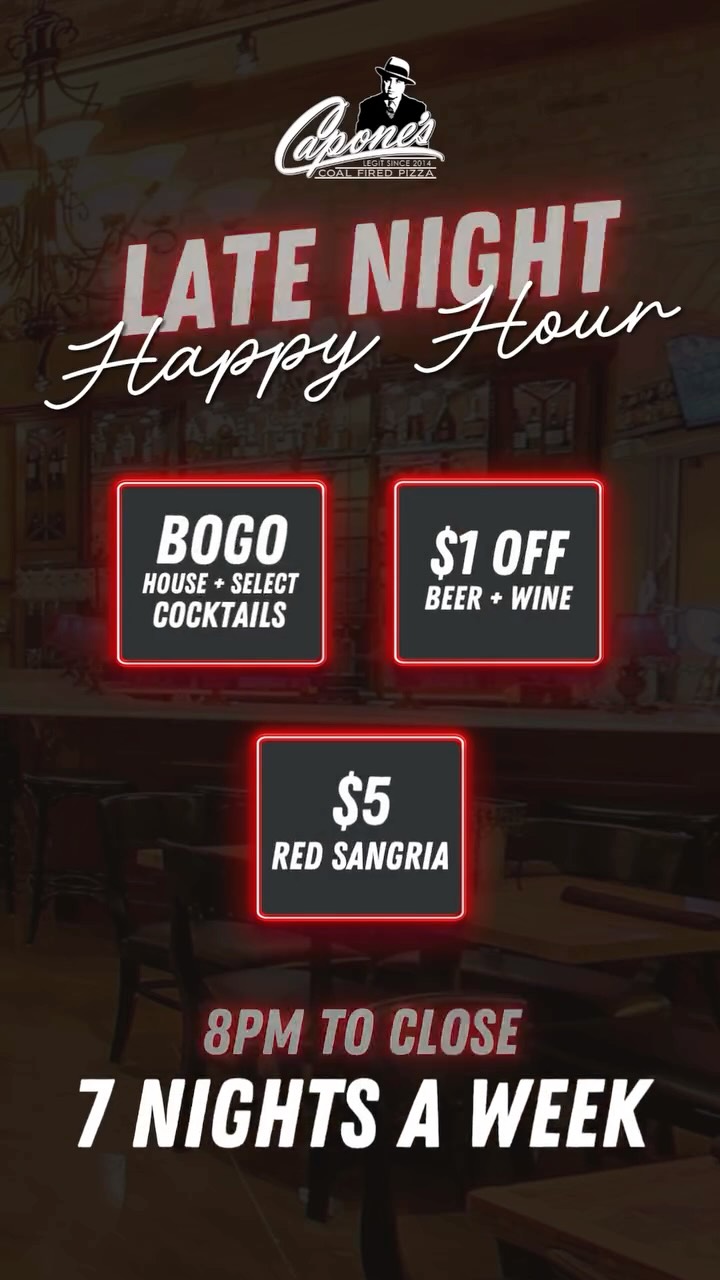 Late nights are better at Capone's 🌙🍹
Join us 7 nights a week from 8PM to close for Late Night Happy Hour featuring BOGO house + select cocktails, $5 Sangrias, and $1 off beer + wine.
#CaponesCoalFiredPizza #LateNightHappyHour #DowntownFortMyers #FortMyersEats