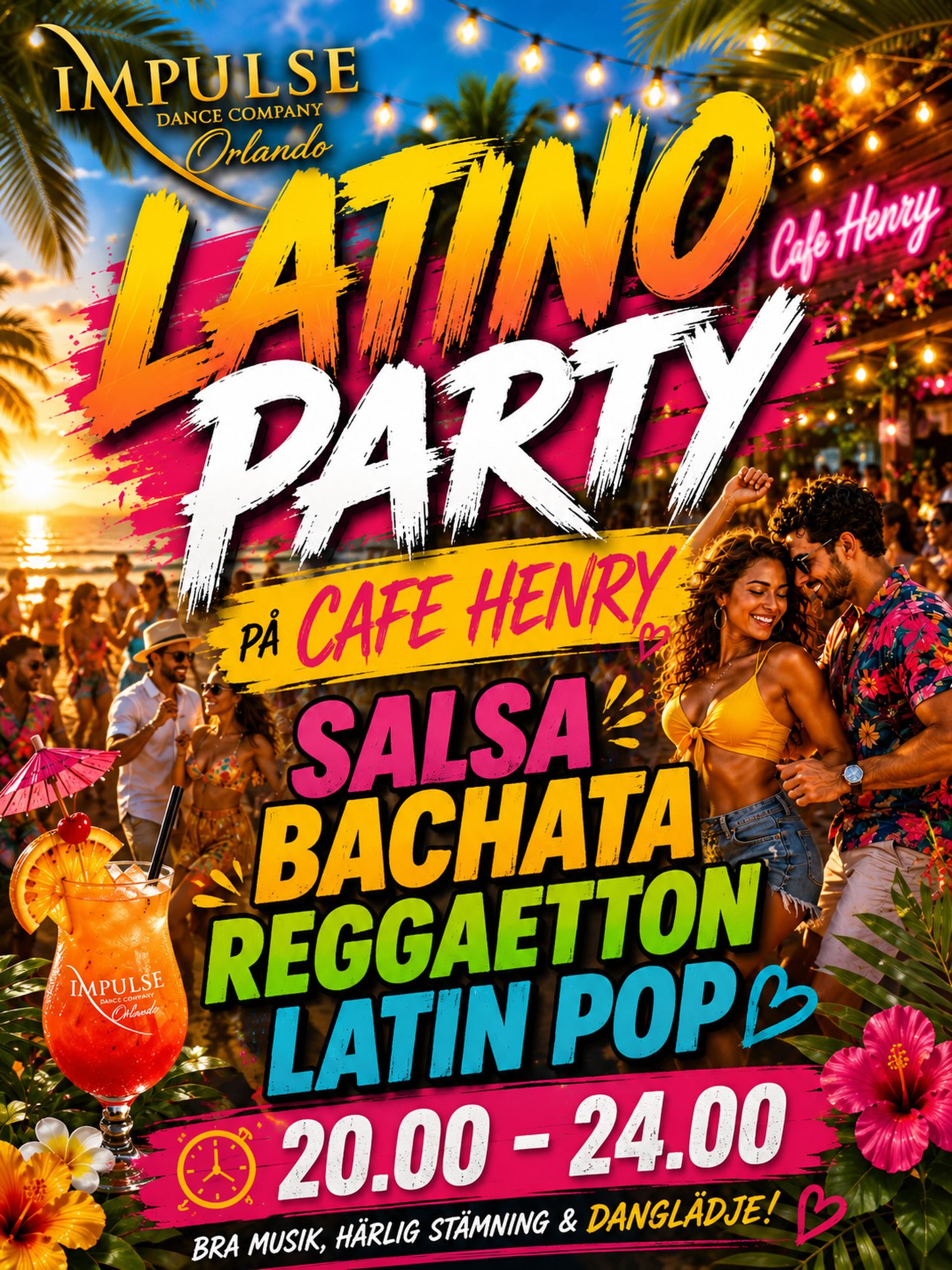 đ VĂ€lkomna till Latino Party pĂ„ CafĂ© Henry! đș
Kom och njut av en hÀrlig sommarkvÀll fylld med dans, musik och fantastisk stÀmning!
đ¶ Musik: Salsa âą Bachata âą Reggaeton âą Latin Pop
đ Tid: 20.00â24.00
Ta med dina vĂ€nner eller kom sjĂ€lv â alla Ă€r varmt vĂ€lkomna! Oavsett om du vill dansa hela kvĂ€llen eller bara njuta av musiken och atmosfĂ€ren finns det plats för dig.
Eventet arrangeras av Impuls Dance Orlando i samarbete med Café Henry.
Varmt vĂ€lkomna â vi ses pĂ„ dansgolvet!
Orlando đđđș