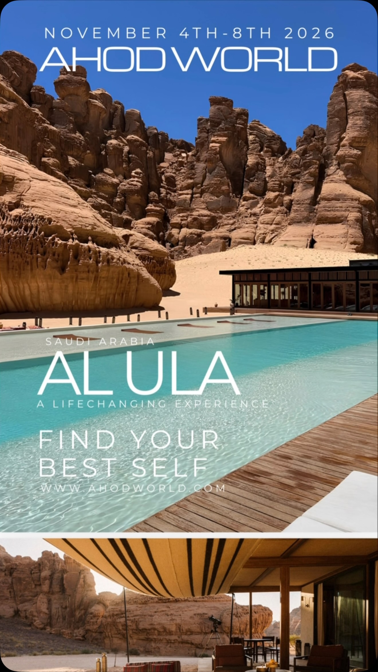 Some places don’t just take your breath away…
They awaken something within.
A destination unlike any other.
Ancient. Timeless. Transformational.
The next AHOD experience is about to be revealed.
AlUla.
Coming soon.
Limited places.
#AHODWorld #AlUla #saudiarabia #wellness
