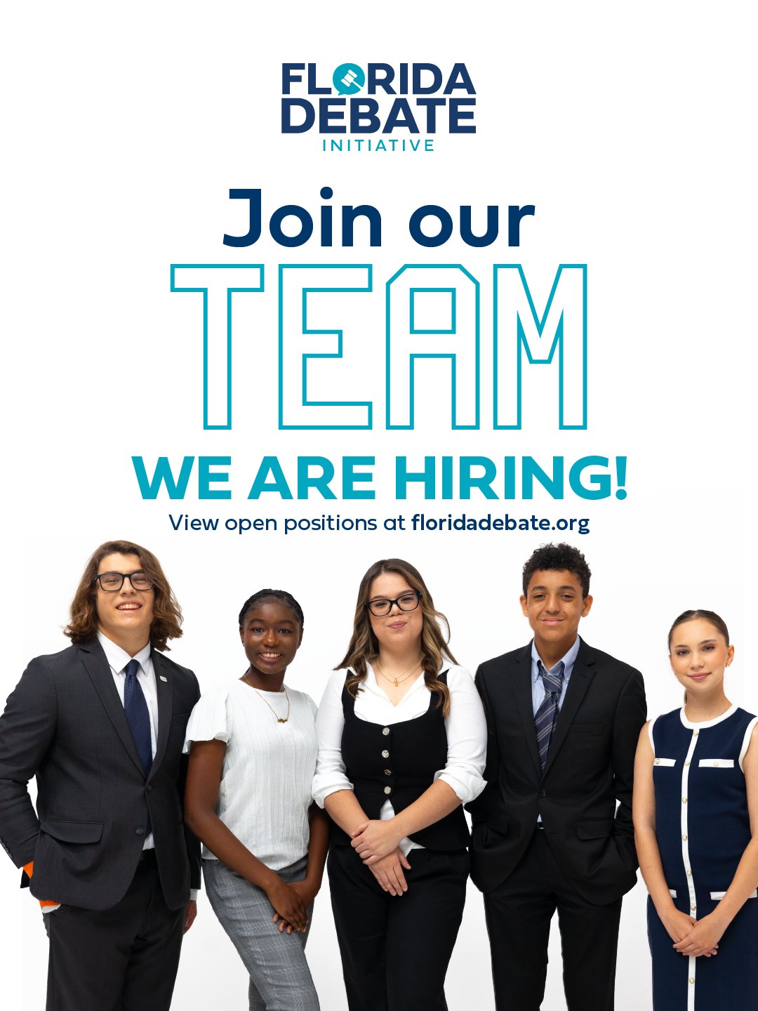Join our team TODAY! We are hiring for several positions within the Florida Debate Initiative. Are you passionate about helping students build foundation skills for their future through speech and debate?
Swipe to view all open positions!
Join the cause and view our open positions at floridadebate.org/jobs.