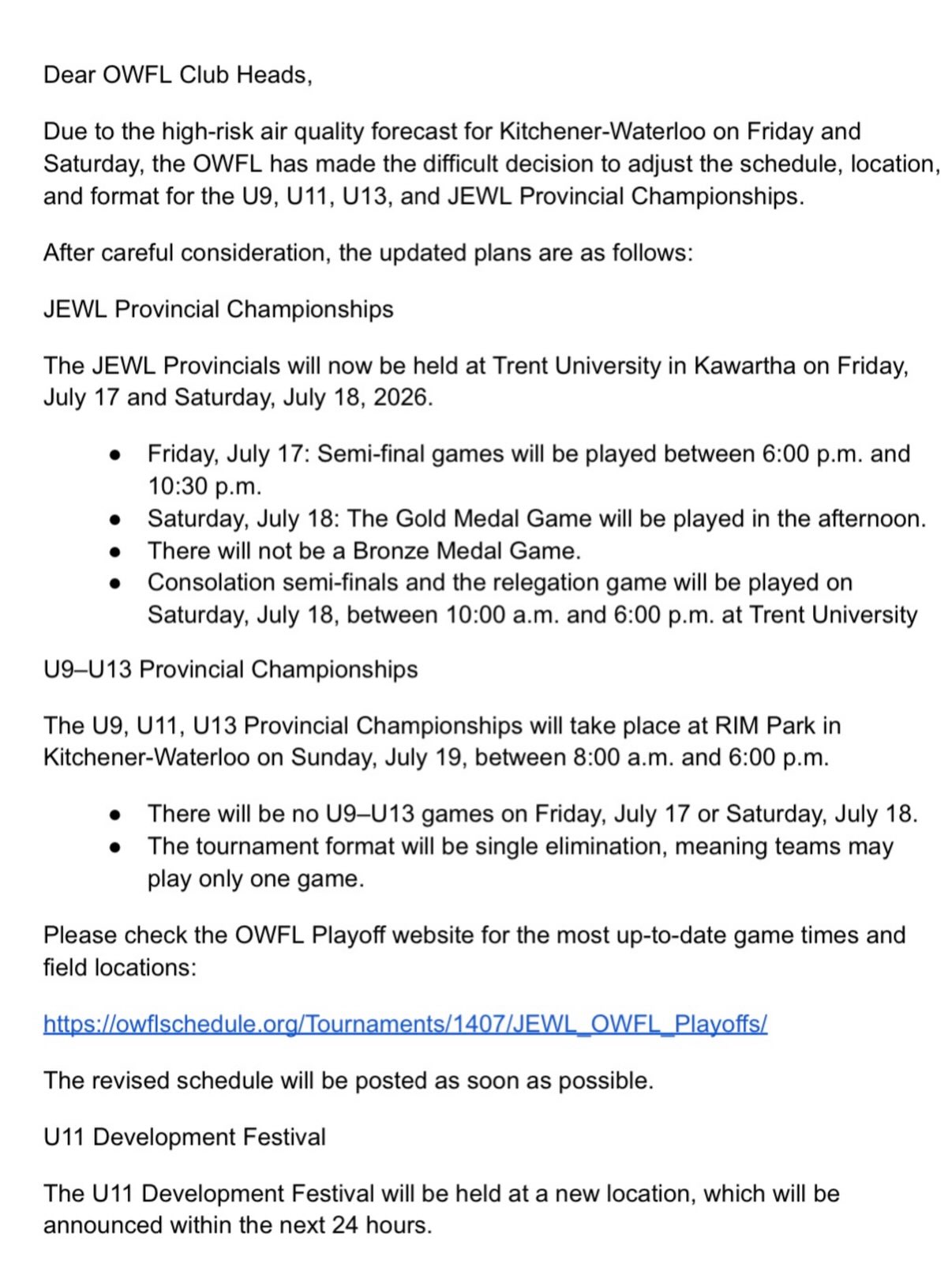 🚨 OWFL Provincial Championship Update 🚨
Due to the high-risk air quality forecast, the OWFL has made several changes to this weekend’s Provincial Championships to help keep everyone as safe as possible.
JEWL
📍 Moved to Trent University (Kawartha)
🗓️ Friday, July 17 & Saturday, July 18
• Semi-finals: Friday evening
• Gold Medal Game: Saturday afternoon
• Consolation games and relegation game: Saturday
• No Bronze Medal Game
U9, U11 & U13
📍 RIM Park, Kitchener-Waterloo
🗓️ Sunday, July 19 only
• No games on Friday or Saturday
• Single-elimination tournament format
The U11 Development Festival has also been relocated, with the new venue to be announced within the next 24 hours.
The revised schedule will be posted as soon as possible. Please check the OWFL Playoff website for the latest game times and field locations.
We know these changes are disappointing and appreciate everyone’s patience and flexibility as the league works to provide a safe Provincial Championship experience. Our thoughts are also with everyone impacted by the ongoing wildfires.
Good luck to all of our Lady Kings teams competing this weekend! ❤️🥍