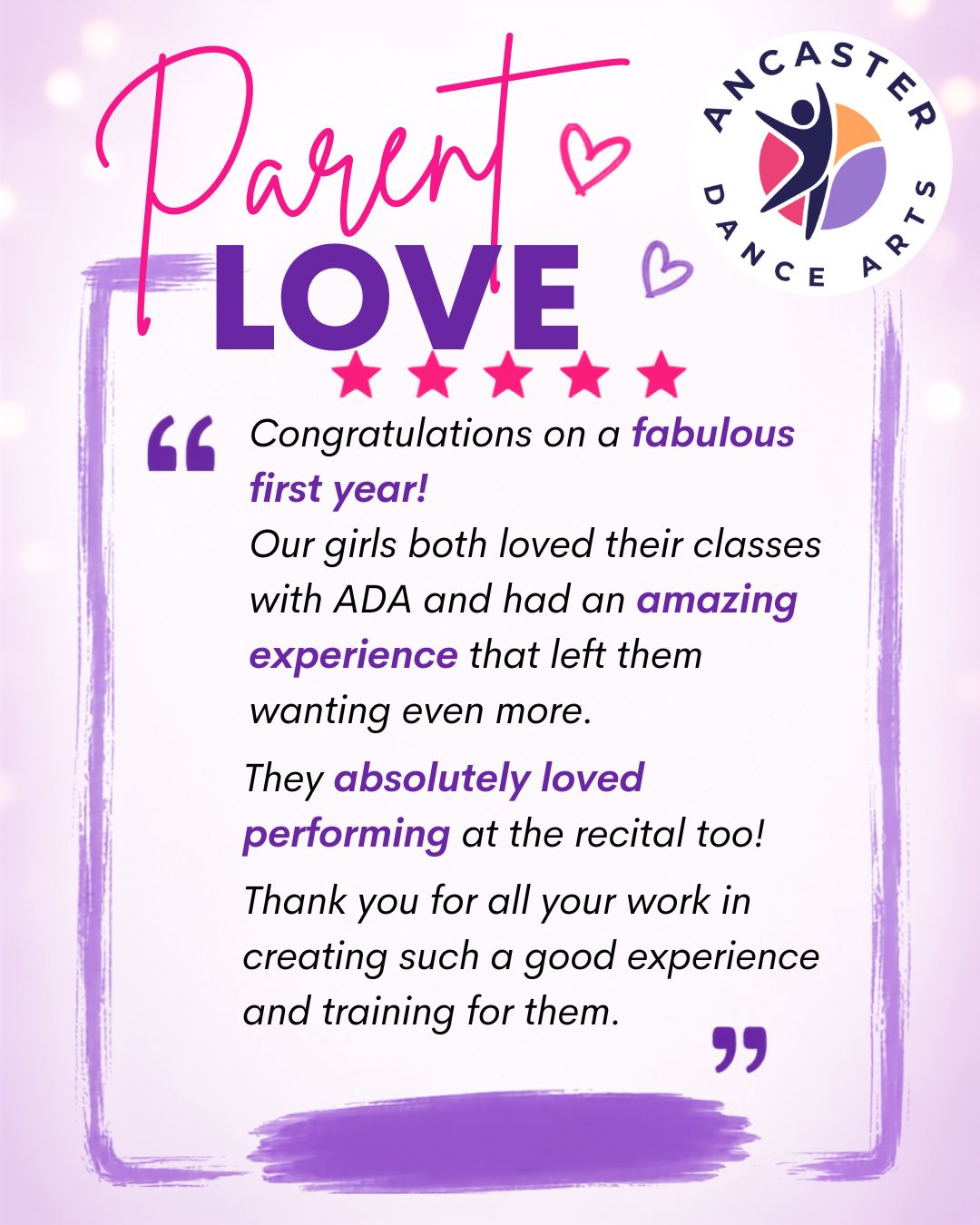 There is nothing more rewarding than hearing how much our dancers love coming to class. 💜
"Our girls both loved their classes with ADA and had an amazing experience that left them wanting even more. They absolutely loved performing at the recital too!"
Creating a positive, encouraging environment where children build confidence, learn new skills, and develop a lifelong love of dance is what Ancaster Dance Arts is all about.
Whether your child is just starting their dance journey or looking to continue growing, we'd love to welcome your family to our studio.
Fall 2026–2027 Registration is Now Open!
✔ Ballet
✔ Acro
✔ Jazz
✔ Hip Hop
✔ Tap
✔ Lyrical
✔ Contemporary
✔ Recreational & Competitive Programs
Register today at www.ancasterdancearts.ca
#AncasterDanceArts #Ancaster #AncasterON #HamiltonOntario #HamiltonKids #DanceClasses #DanceClassesAncaster #AncasterMoms #HamiltonMoms #Ballet #Acro #JazzDance #HipHopDance #KidsActivities #AfterSchoolActivities #DanceStudio #ConfidenceThroughDance #FallRegistration #SupportLocal #FamilyFocusedDanceStudio