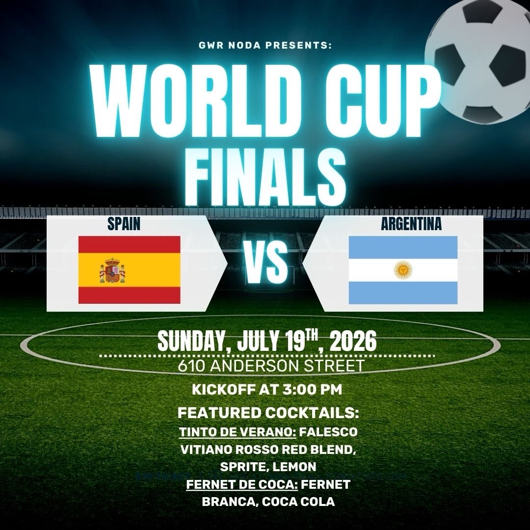 ⚽️ WORLD CUP FINALS ARE HERE! 🏆
Spain 🇪🇸 vs. Argentina 🇦🇷 kicks off Sunday at 3 PM, and there’s no better place to catch every minute than GWR NoDa!
Finals-Only Featured Cocktails:
🇪🇸 Tinto de Verano – Falesco Vitiano Rosso Red Blend, Sprite, & Lemon
🇦🇷 Fernet de Coca – Fernet Branca & Coca-Cola
These specialty cocktails are available for the World Cup Final only, so don’t miss your chance to try them!
🍕 Sunday Special: Buy 2 cocktails and get a FREE Cheese, Pepperoni, or NY White Pizza! (12-4PM)
🍺 14 beers on tap
🅿️ Plenty of FREE parking
⚽ Kickoff at 3:00 PM
📢 Loud and on the big screen
Bring your crew, grab a pint (or two), enjoy a fresh pizza, and let’s close out the World Cup with an unforgettable match. Who are you backing—Spain or Argentina? 👇🍻 #WorldCupFinal #CharlotteNC #NoDa #GreatWagonRoadDistilling #WatchParty