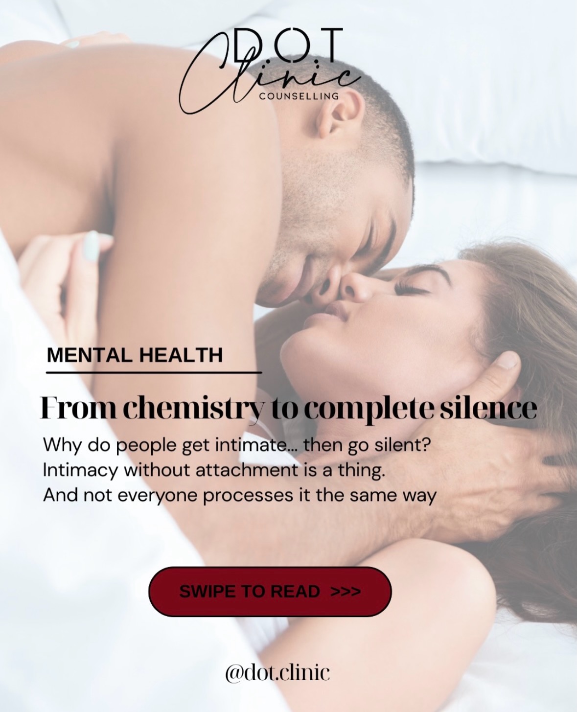 The connection was often built on a moment, not meaning. When intimacy is driven by validation, loneliness, or impulse, it becomes easier to disappear than to have the uncomfortable conversation. Read more: https:// www.dotclinic.com.au/post/the-psychology-of-one-night-
stands-why-do-we-get-intimate-and-then-silent
#therapy #love #relationships