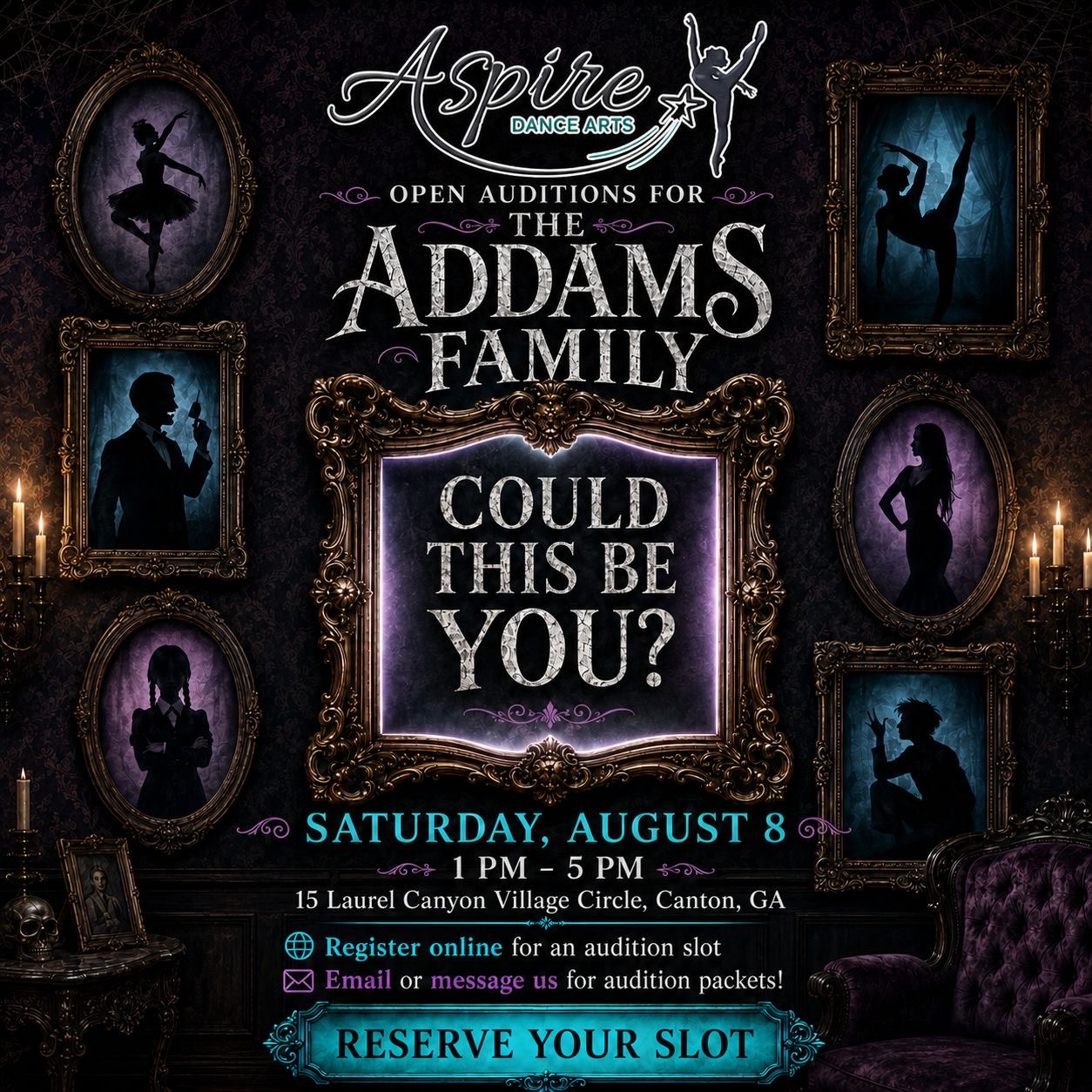 🎭Coming up next: THE ADDAMS FAMILY 👏
All middle schooler and highschool students are invited to audition for a role in this creepy and kooky show! Join us for the audition prep intensive at the studio July 27-30th from 10am-2pm and be sure to register online for your audition time slot.
.
.
.
#musical #addamsfamily #wednesdayaddams #auditions #musicaltheatre