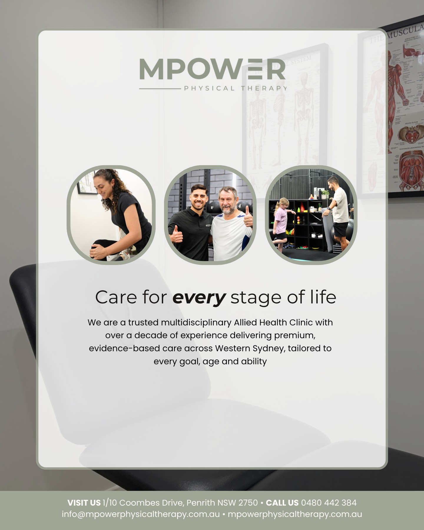 Care for every stage of life.
Whether you're recovering from an injury, managing a chronic condition or looking to improve your health and performance, our multidisciplinary team is here to help.
We provide personalised, evidence-based care for every age, every stage and every goal.
📍 1/10 Coombes Drive, Penrith NSW 2750
📞 0480 442 384
🌐 mpowerphysicaltherapy.com.au
Let's get you moving.