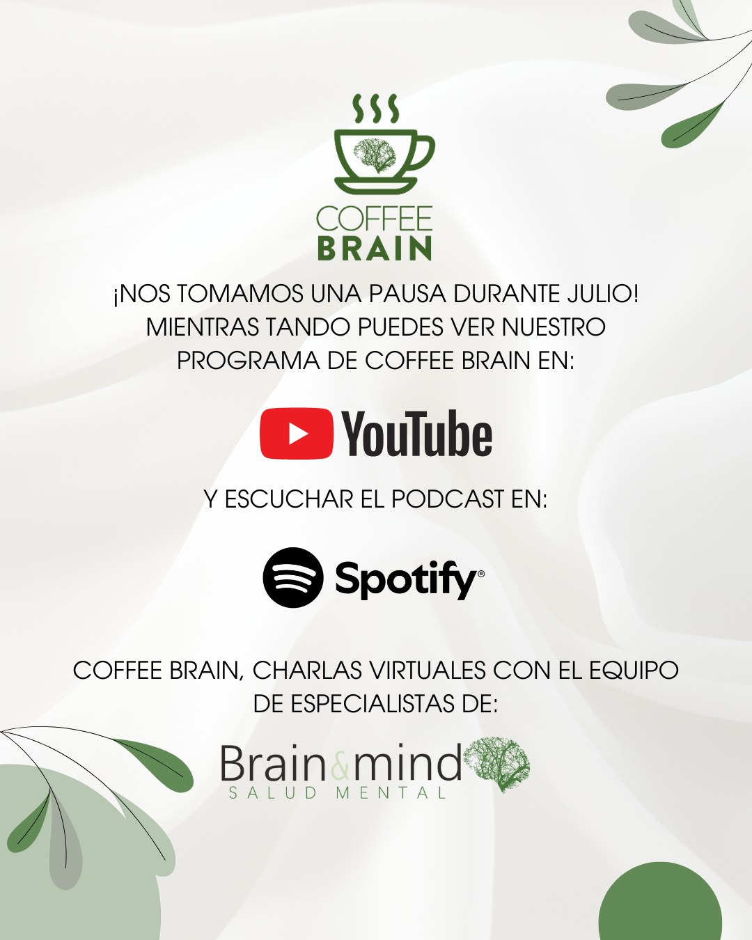 ☕ Coffee Brain se toma una pausa durante julio.
Aprovecharemos este mes para recargar energía y preparar nuevos temas, invitados y conversaciones que seguirán promoviendo la salud mental desde una mirada científica, humana e integradora.
Mientras tanto, te invitamos a revivir nuestros episodios en YouTube o escuchar el podcast en Spotify, donde encontrarás contenido sobre crianza, neurodesarrollo, salud emocional, educación, psiquiatría y mucho más.
Gracias por acompañarnos en cada charla. Nos reencontramos muy pronto nuevamente en Coffee Brain.
¡Nos vemos en agosto! 💚
#CoffeeBrain #BrainAndMind #SaludMental #Podcast #YouTube
