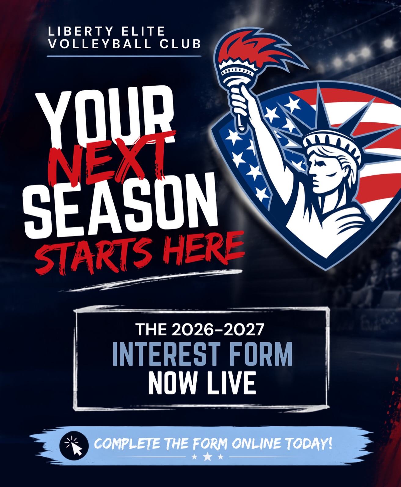 The 2026–2027 Liberty Elite Player Interest Form is officially LIVE! 🏐🗽❤️ Link in bio!
Whether you’re ready to compete at the club level or just beginning your volleyball journey, we have a place for you!
• Club Teams: Ages 12–18
• Liberty Littles: Ages 8–11
Completing the interest form is the best way to stay up to date on tryout information, program details, and everything coming for the upcoming season.
We can’t wait to see both returning and new athletes join the Liberty Elite family. The next season starts now!