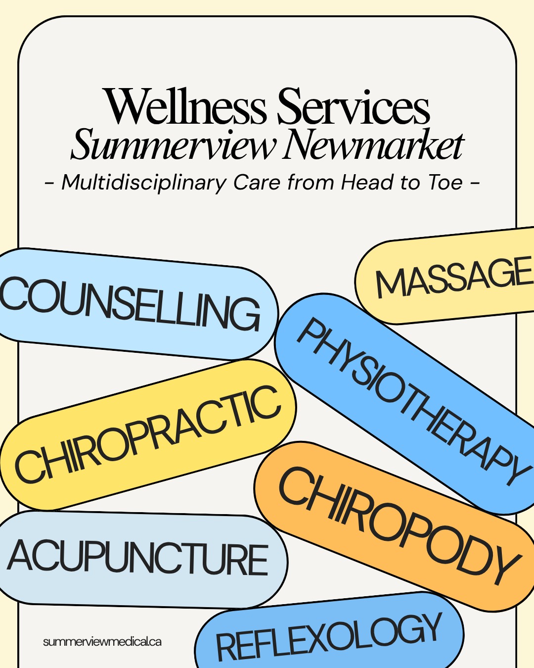 Your health deserves a team approach 🌤️
At Summerview Wellness, our experienced multidisciplinary team provides comprehensive care from head to toe -- all under one roof.
With a range of wellness services working together, getting the care you need has never been more convenient.
🌿 Explore our wellness services and discover the care that's right for you.
📍Summerview Medical Newmarket
🌐 summerviewmedical.ca
* * *
#SummerviewMedical #SummerviewWellness #Newmarket #YorkRegion #Wellness #MoveBetter #MultidisciplinaryCare #Chiropractic #Physiotherapy #MassageTherapy #Counselling #Acupuncture #Chiropody #Reflexology #HealthAndWellness