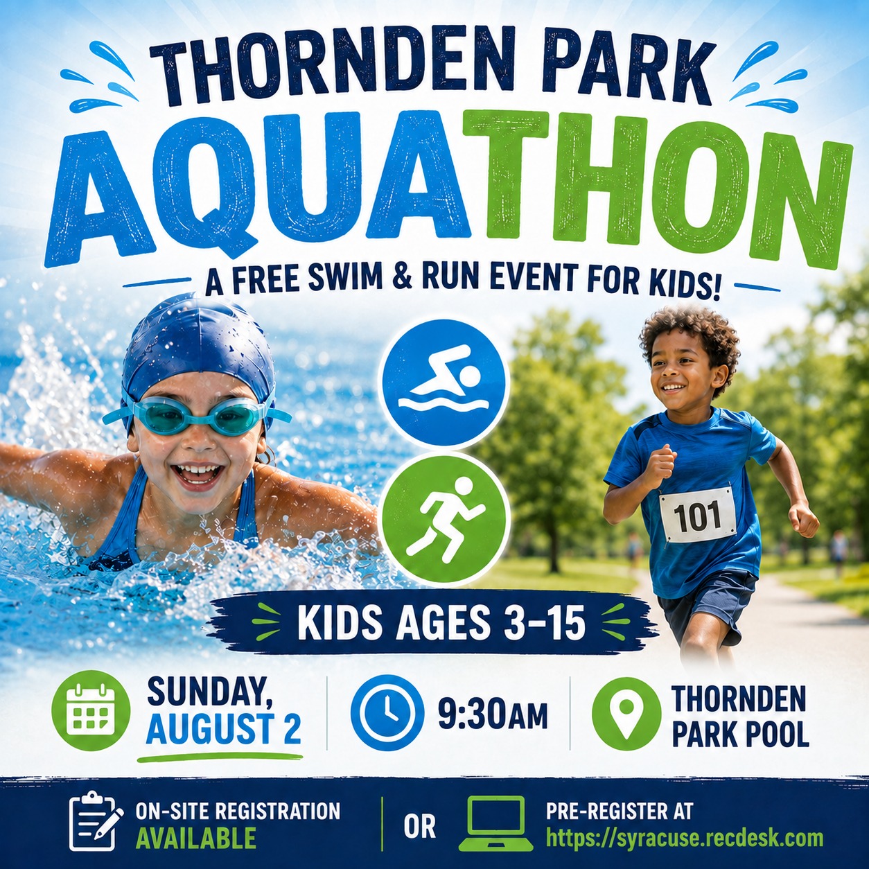Grab your swimsuit and your sneakers - Aquathon 2026 is coming to Thornden Park!
For more information visit www.thorndenpark.org.
To pre-register go to: https://syracuse.recdesk.com/Community/Program