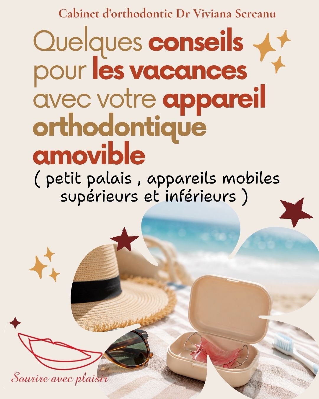 🌴 Vacances & appareil orthodontique amovible
🫶🏻Nos conseils pour vous!
📌 À enregistrer avant de partir ☀️🦷 il pourra vous être utile en cas de petit imprévu !
☀️ Gardez les bons réflexes ✌🏻
• Porte ton appareil comme prévu.
• Range-le toujours dans sa boîte.
• Évite la chaleur.
• Nettoie-le chaque jour.
🆘 Un appareil qui fait mal, un crochet qui blesse, une dent de lait qui tombe, un appareil trop serré… Pas de panique ! 😊
👉Nous avons rassemblé ici 📍 les situations les plus fréquentes et les bons réflexes à adopter pour continuer votre traitement en toute sérénité.
✨ En cas de doute ou de problème important, n’hésite pas à nous laisser un message ou à nous écrire.
✍🏻 dr.sereanu.viviana@gmail.com
☎️ 0389569596
Nous te répondrons dès notre retour.
💚 Toute l’équipe de Smiles Mulhouse vous souhaite de très belles vacances ! 🌴😎
#SmilesMulhouse #OrthodontieEnfants #AppareilAmovible #UrgenceOrthodontique #vacances