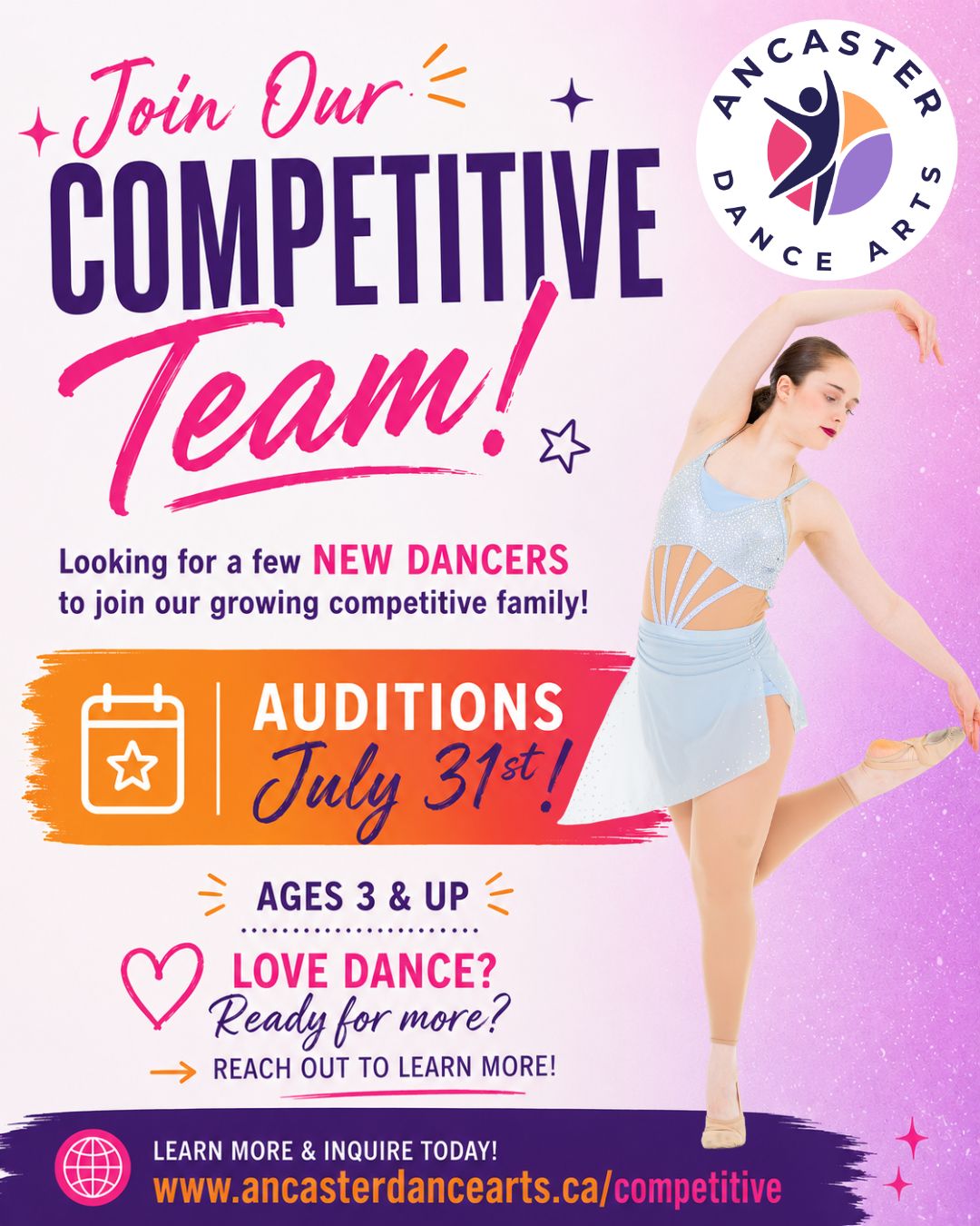Love Dance? Ready for More?
We're looking for a few passionate dancers to join our growing Competitive Team for the 2026–2027 season!
Whether your dancer dreams of performing on stage, building confidence, or taking their training to the next level, Ancaster Dance Arts offers a supportive, age-appropriate competitive program with balanced schedules designed for real families.
Competitive Auditions – July 31
Teams for Ages 3 & Up
Small Team. Big Opportunities.
Our competitive program is perfect for dancers who are looking for:
⭐ High-quality training
⭐ Individual attention
⭐ Lasting friendships
⭐ Performance opportunities
⭐ A positive, encouraging team environment
Not sure if competitive dance is the right fit? We'd love to chat! There's absolutely no pressure, reach out and we'll help you find the best program for your dancer.
🌐 Learn more: www.ancasterdancearts.ca/competitive
📩 Send us a message to learn more or register for auditions!
#AncasterDanceArts #CompetitiveDance #DanceAuditions #HamiltonDance #AncasterON