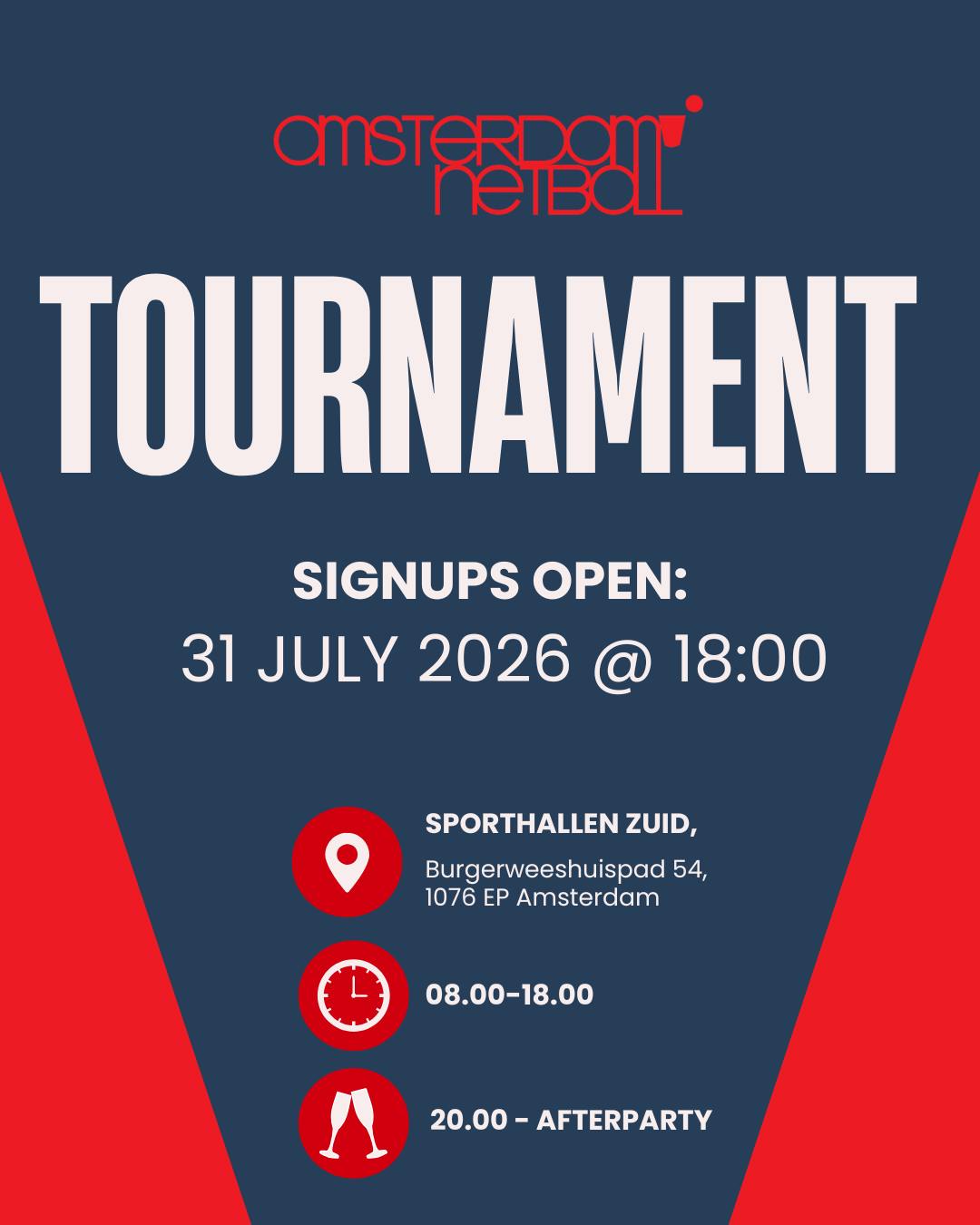 🏐✨ AMSTERDAM NETBALL ANNUAL TOURNAMENT 2026 ✨🏐
Think your club has what it takes? 👀
📅 14 November 2026
⏰ Tournament: 8:00 – 18:00
🎉 Afterparty: from 20:00
🔥 Tournament Details
• 10 International Team Spots 🌍
• 5 Dutch Team Spots
• 1 Team per Club
• Max. 10 Players per Team
• €350 Entry Fee per Team
• Teams must register in their correct country spot — Dutch teams cannot enter as international teams and vice versa.
🚨 Registration opens 31 July at 18:00 🚨
Whether you're coming for the competition, the team bonding, the Amsterdam vibes, or the legendary afterparty, this is the tournament you don't want to hear about after it's sold out. 😉
Still on the fence? Imagine a full day of netball, fierce competition, new connections, and memories that last long after the final whistle. Add an epic afterparty to the mix, and you've got the perfect team trip. 🏆✨
With only 15 team spots available, once they're gone, they're gone. Gather your squad, set your reminders for 31 July at 18:00, and secure your place before someone else does! 💥
#AmsterdamNetball #NetballTournament #NetballEurope #AmsterdamEvents #NetballFamily #TournamentDay #NetballLife