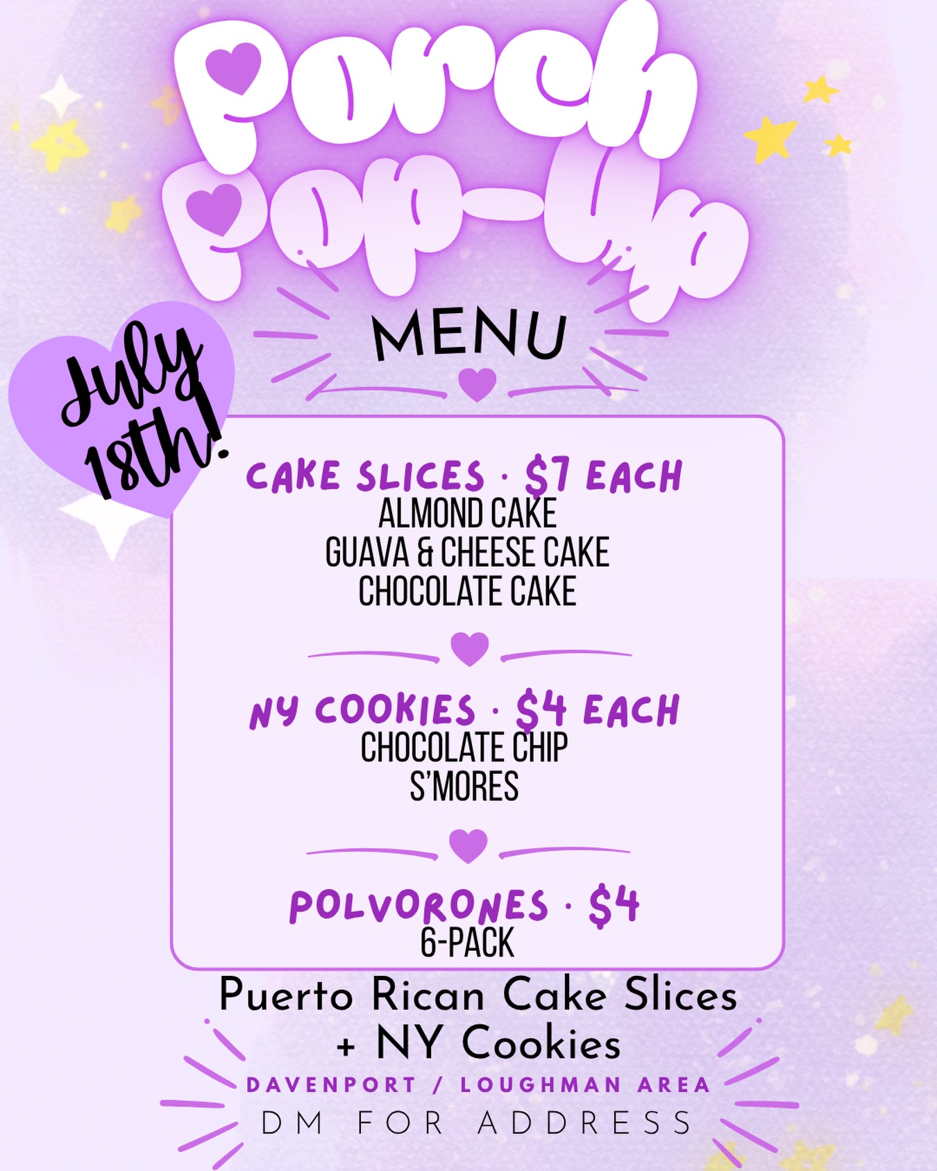 ✨ PORCH POP-UP THIS SATURDAY! ✨
After seeing so many cute porch pop-ups, I finally decided to do one myself 😬💜
This Saturday from 11AM–6PM or until sold out, I’ll have a small selection of Mianas Cakes treats available for pickup!
🍰 Cake Slices — $7 each
Almond Cake
Guava & Cheese Cake
Chocolate Cake
🍪 NY Cookies — $4 each
Chocolate Chip
S’mores
🇵🇷 Polvorones — $4 per 6-pack
Pickup in the Davenport / Loughman area.
DM me for the address.
Everything will be available in limited quantities, so once it’s gone, it’s gone 💜🍰🍪
✨ ¡PORCH POP-UP ESTE SÁBADO! ✨
Después de ver tantos porch pop-ups tan lindos, finalmente me decidí a hacer uno 😬💜
Este sábado de 11AM–6PM o hasta que se agote todo, tendré una pequeña selección de postres de Mianas Cakes disponibles para recoger.
🍰 Pedazos de bizcocho — $7 cada uno
Bizcocho de almendra
Bizcocho de guayaba y queso
Bizcocho de chocolate
🍪 NY Cookies — $4 cada una
Chocolate Chip
S’mores
🇵🇷 Polvorones — $4 el paquete de 6
Pickup en el área de Davenport / Loughman.
Envíame un DM para la dirección.
Todo estará disponible en cantidades limitadas. ¡Cuando se acaben, se acabaron! 💜🍰🍪
#DavenportFL #LoughmanFL #PuertoRicanBakery #PorchPopUp #MianasCakes