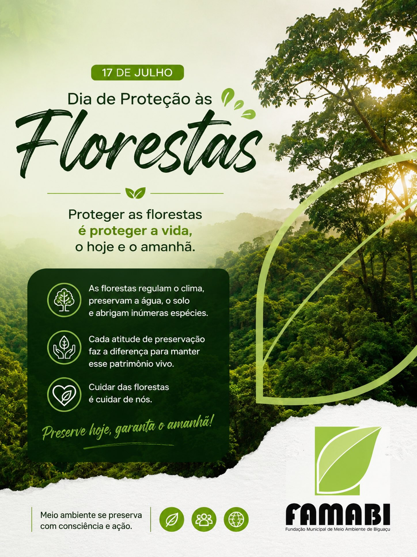 Dia de Proteção às Florestas 💚
As florestas são essenciais para a vida. Protegê-las é preservar a biodiversidade, o clima e o futuro das próximas gerações.
Faça a sua parte. Cuidar das florestas é cuidar da vida!