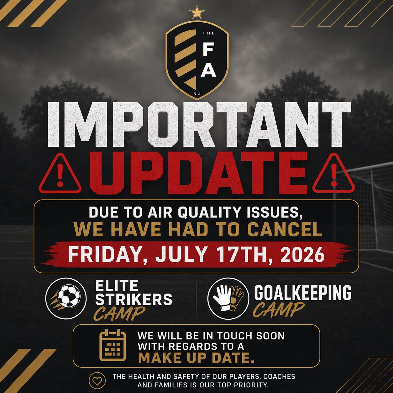 🚨 Friday 17th Camp Cancelled🚨
Die to air quality issues we have canceled Friday July 17th camp.
For all players on camp, we will be in touch regarding a make up date.