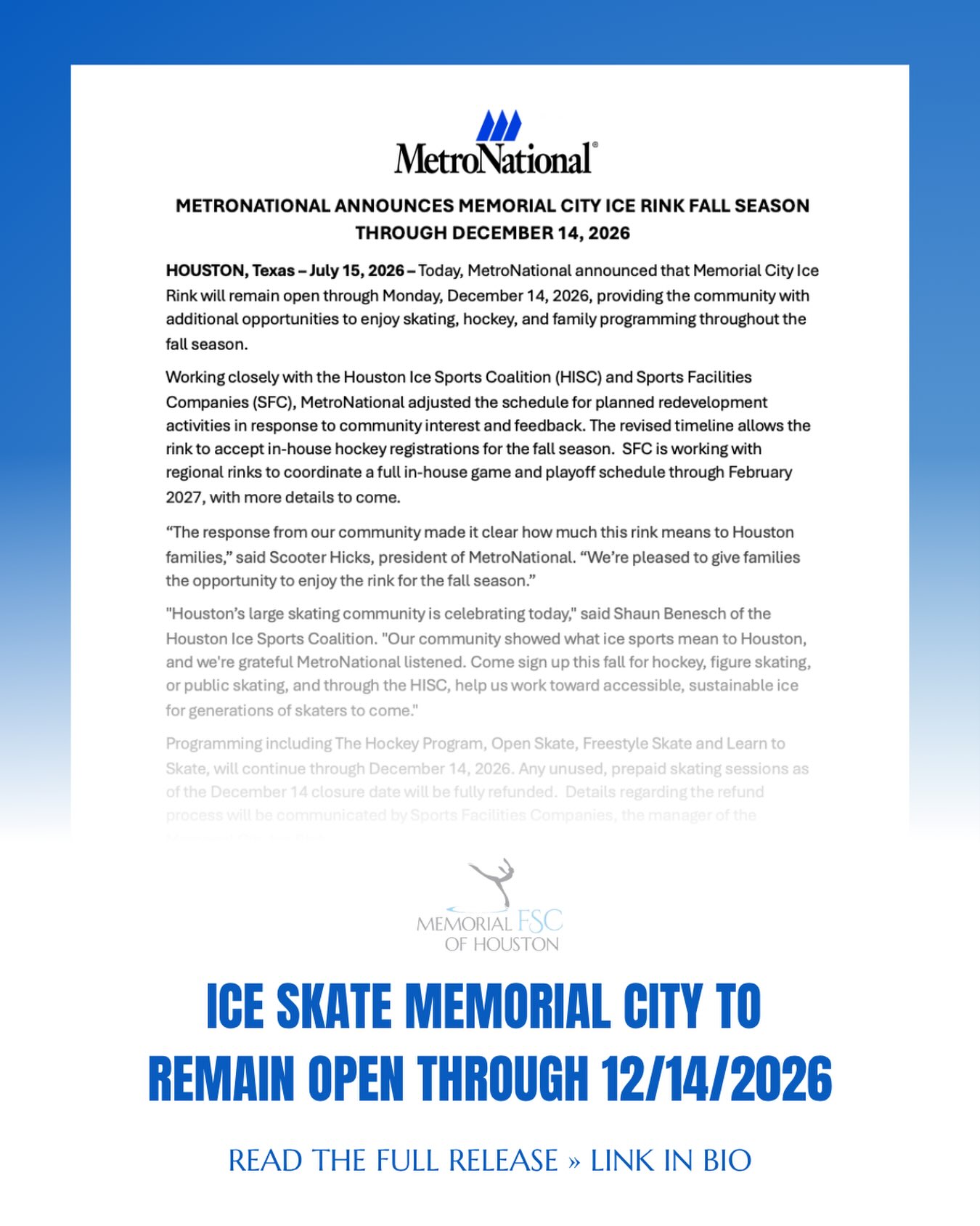MetroNational announces Memorial City Ice Rink will remain open through December 14, 2026. The Memorial Figure Skating Club of Houston is excited to continue with club events and programing at Ice Skate Memorial City for the rest of the fall season.
For more information and to read the full press release » link in bio