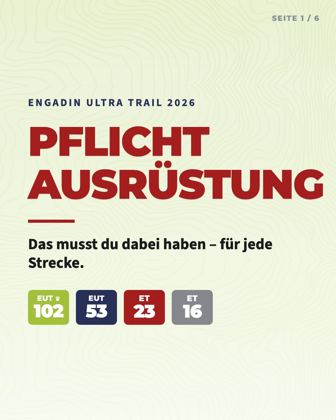 𝗡𝗼 𝗴𝗲𝗮𝗿, 𝗻𝗼 𝘀𝘁𝗮𝗿𝘁. 🎒
Die Pflichtausrüstung ist kein Nice-to-have – sie ist deine Sicherheit auf der Strecke.
Alles dabei? Dann kann es losgehen. 🙌
#eut102 #eut53 #engadinultratrail #trailrunning