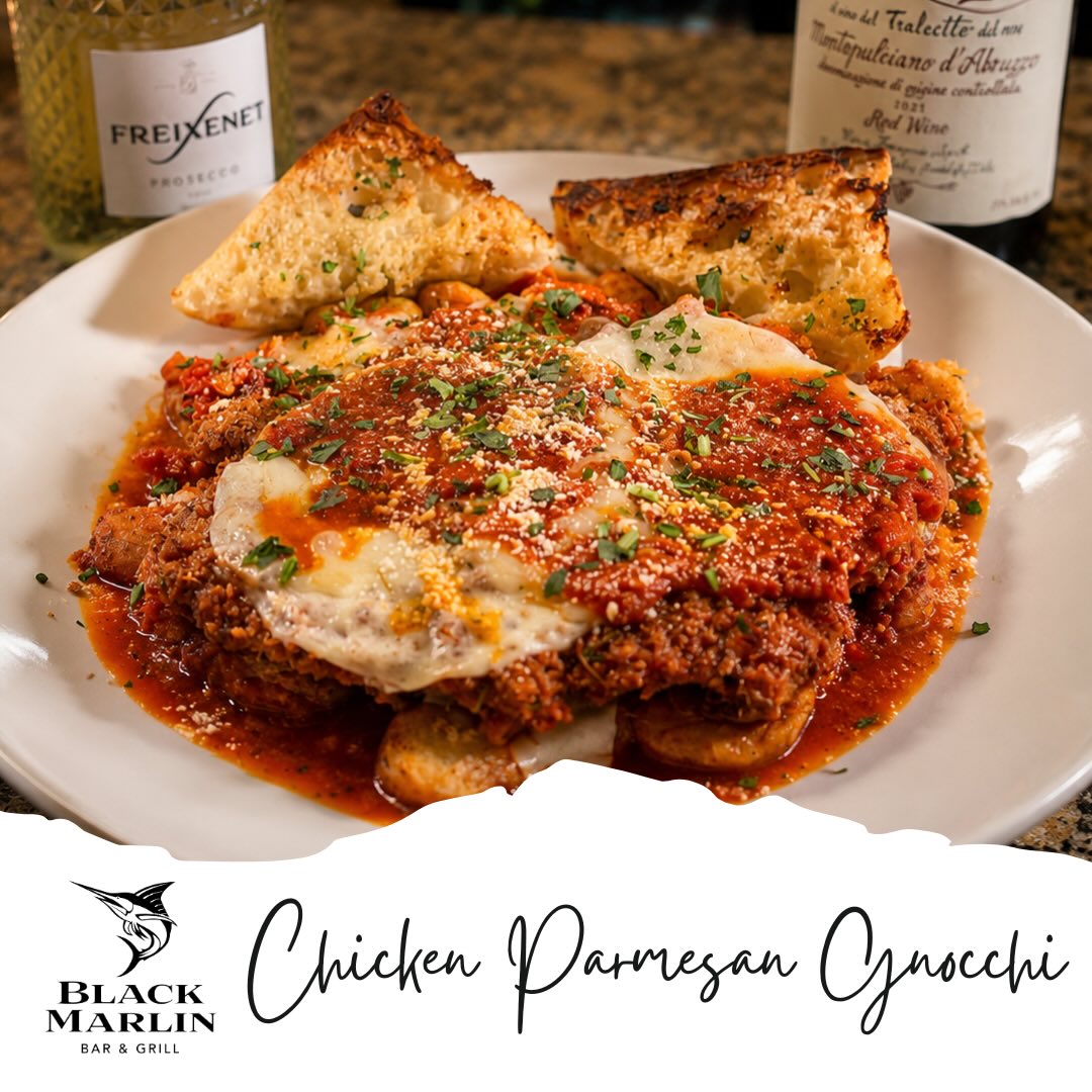 Our Chicken Parmesan Gnocchi features a crispy, hand-breaded chicken cutlet topped with melted mozzarella and rich marinara, served over pillowy potato gnocchi and finished with fresh herbs and Parmesan. Paired with toasted garlic bread, it’s everything you want in one unforgettable dish.
Stop by, grab a glass of wine, and treat yourself before it’s gone!
📍 Black Marlin Bar & Grill – Port Aransas
#BlackMarlin #PortAransas #ChickenParmesan #Gnocchi
