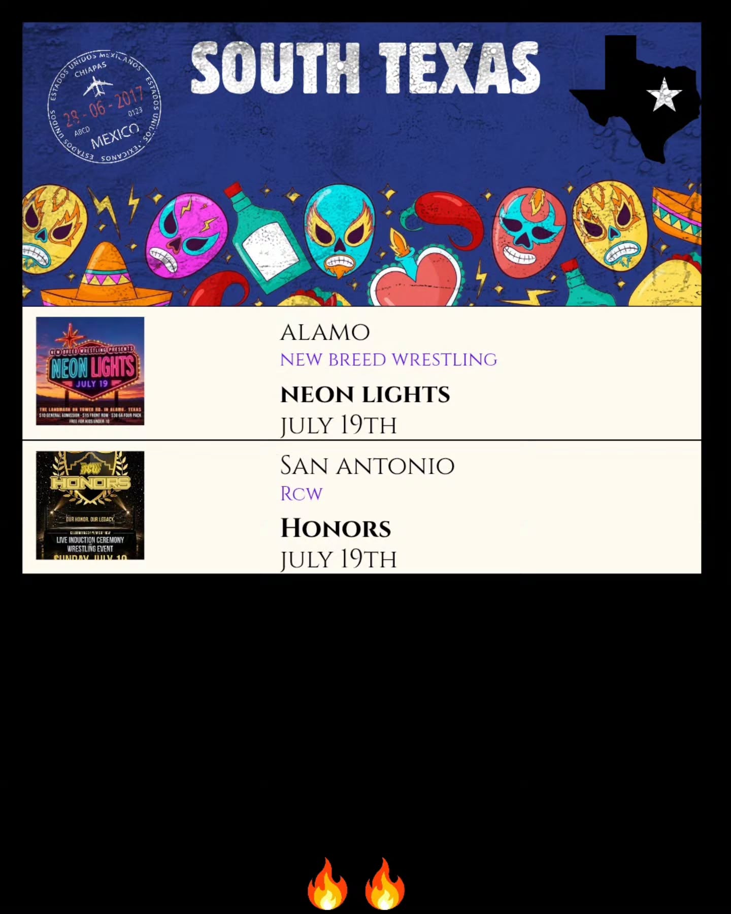 🚨 South Texas got even hotter...
We missed one. 😅
@rcwforever Honors joins this weekend's lineup in San Antonio!
That's exactly why we always ask you to send us flyers and event info. We never want a Texas wrestling fan to miss a show, and with so many promotions running across the state, the community helps keep the calendar complete. Thank you for messaging and helping us keep the Texas wrestling community updated!
Did we miss another event? Let us know below and we'll get it added!
#TexasWrestling #IndependentWrestling #SupportWrestling #TexasWeekend