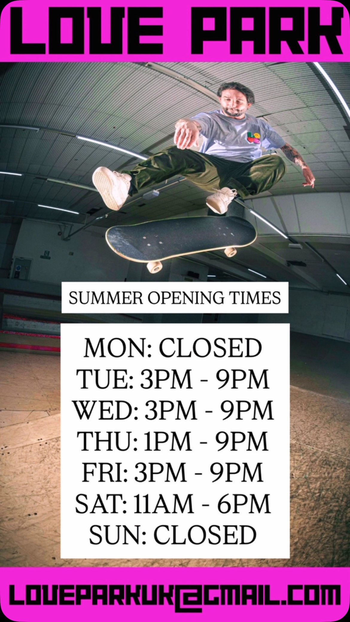 SUMMER OPENING TIMES AND FURTHER INFORMATION:
It’s official summer is upon us and the holidays have begun (for most). Here are the new summer opening times for the skatepark. Feel free to screenshot for your convenience. PLEASE NOTE Women’s night will continue to be every Tuesday from 6pm - 9pm, Adults progression session will be continuing every Thursday from 1pm - 3pm and kids skate school will be happening Tuesday morning from 10:30am - 12pm
As well as all of this the private one 2 one lessons will be available with myself 7 days a week. Lessons are carried out when the skatepark is closed to the public ensuring a better experience for everyone involved
And don’t forget if you don’t like sharing skateparks with other people then a private hire is perfect for you and your friends/family
Any questions please feel free to contact me
Happy holidays
LOVE ❤️
📸 by @danny.j.parker
#loveparkuk #skatepark #skate #falmouth #cornwall