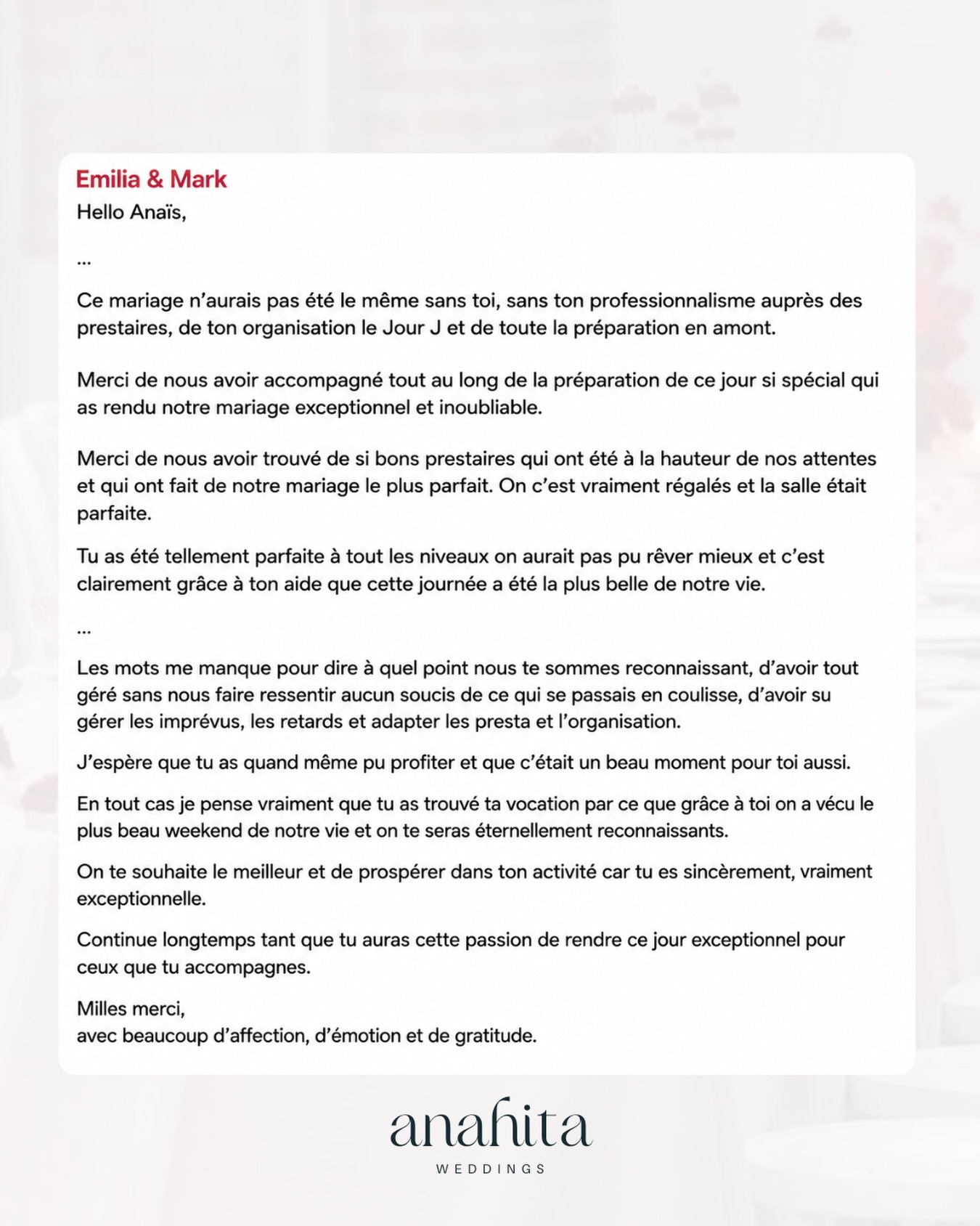 Trop touchée… 🥹🤍
Recevoir ce genre de retour, c’est la plus belle récompense de mon métier.
Merci du fond du cœur, Emilia & Mark, pour votre confiance.
Je suis si fière de vous avoir accompagné dans l’organisation de votre mariage et vivre cette journée du 6 juin à vos côtés !
Merci également à mon assistante Léonie et tous les prestataires qui ont donné le meilleur d’eux-mêmes pour que tout se déroule parfaitement le Jour J !
_____
L'ÉQUIPE :
Lieu : @domainedeschabriers
Traiteur : @berlusscook
Cocktails : @kbarllero
Donuts : @kijidonuts
DJ : @torresevents @maalo.prod.events
Fleurs : @atelier_de_matisse
Robe : @lasevefr
Costume : @blandindelloye
Assistante : @lienoo_weddingplanner