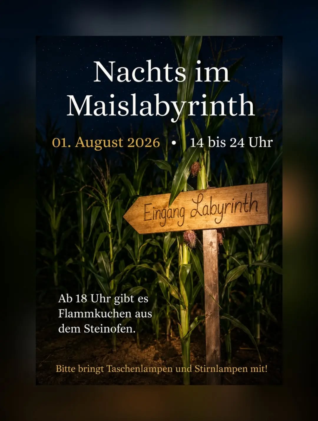 🔦✨ Nachts im Maislabyrinth ✨🌽
Nächste Woche (24. Juli) beginnt endlich die neue Saison – und schon eine Woche später steht unser Sommerferien-Special an!
Am 01. August ist unser Maislabyrinth bis 24:00 Uhr für euch geöffnet.
Erlebt das Labyrinth einmal von einer ganz anderen Seite und macht euch mit Taschenlampe oder Stirnlampe auf die Suche nach den fünf Stationen. Ein ganz besonderes Abenteuer für Groß und Klein!
Ab 18:00 Uhr gibt es wieder leckeren Flammkuchen aus dem Steinofen. Außerdem erwartet euch eine kleine Auswahl an Cocktails und weiteren alkoholischen Getränken.
Wir freuen uns auf einen tollen Sommerabend mit euch! 🌽✨