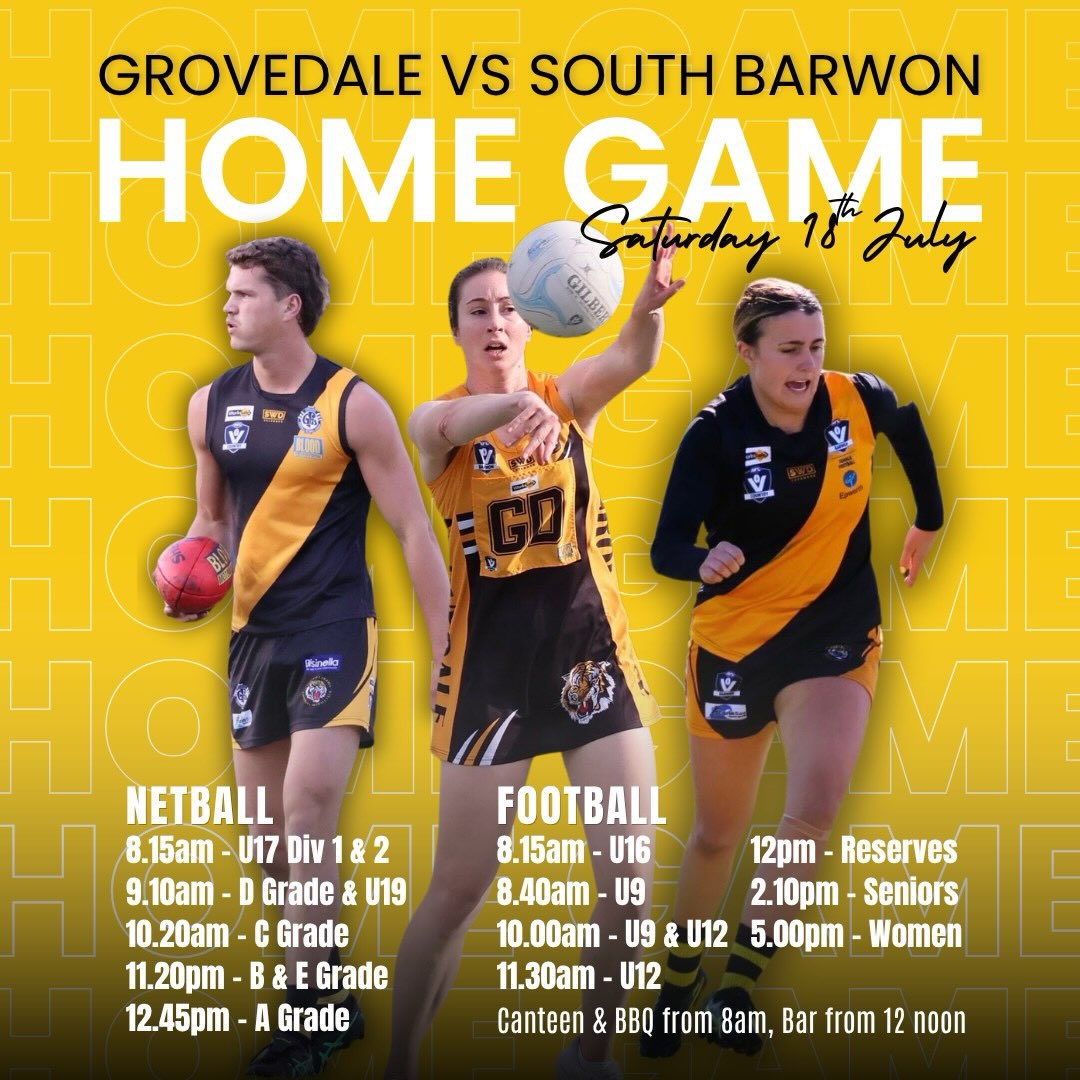 🟡⚫ROUND 14🟡⚫
We are back on home turf this Saturday as we take on South Barwon! Be sure to check out our club merchandise for sale during the day, with our Tiger Scarves now back in stock! Grab yours before they sell out and wear your club colours with pride. Other games this weekend:
🏉 Div 2 Women - 7pm Friday Night at Home
🏉 U18s - 10am Saturday at Drysdale
Go Tigers 🐯