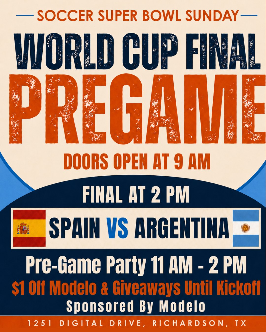 Tomorrow’s the day 🏆
The World Cup Final is going down at Soccer Spectrum with Spain vs. Argentina at 2 PM.
We’re opening early at 9 AM, and the pre-game party starts at 11 AM with $1 off Modelo and giveaways until kickoff.
Come early, grab your spot, and spend Soccer Super Bowl Sunday with us.