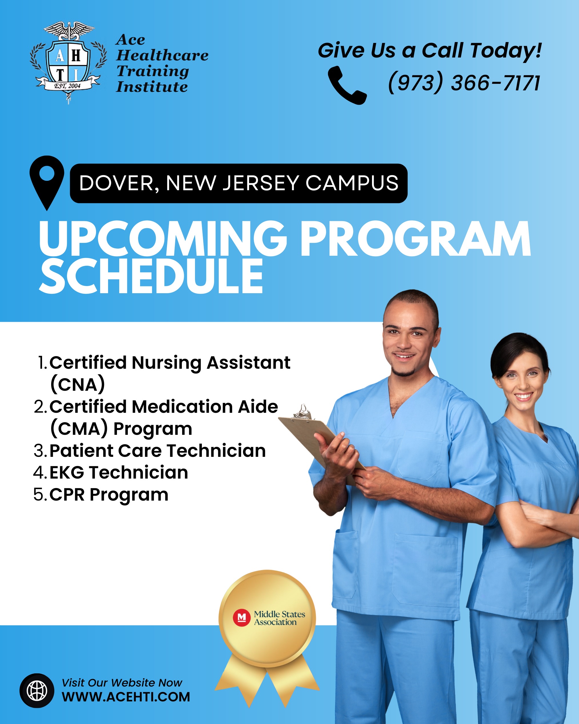 🩺 Ready to start your healthcare career? Ace Healthcare Training Institute is NOW ENROLLING at our Dover, NJ campus — and seats are limited!
Swipe through the full upcoming schedule at our Dover, New Jersey location! 👉 Explore our CNA, Certified Medication Aide (CMA), Patient Care Technician, EKG Technician, and CPR programs, with flexible day and weekend options designed to fit your schedule.
Since 2004, we’ve helped thousands of New Jersey students turn healthcare training into rewarding careers. Hands-on clinical experience. State-approved certification programs. Small class sizes. Real-world skills that employers value.
📞 Dover Campus: (973) 366-7171
🌐 Enroll today: www.acehti.com
#HealthcareTraining #NewJersey #CertifiedNursingAssistant #HealthcareCareers #CNA