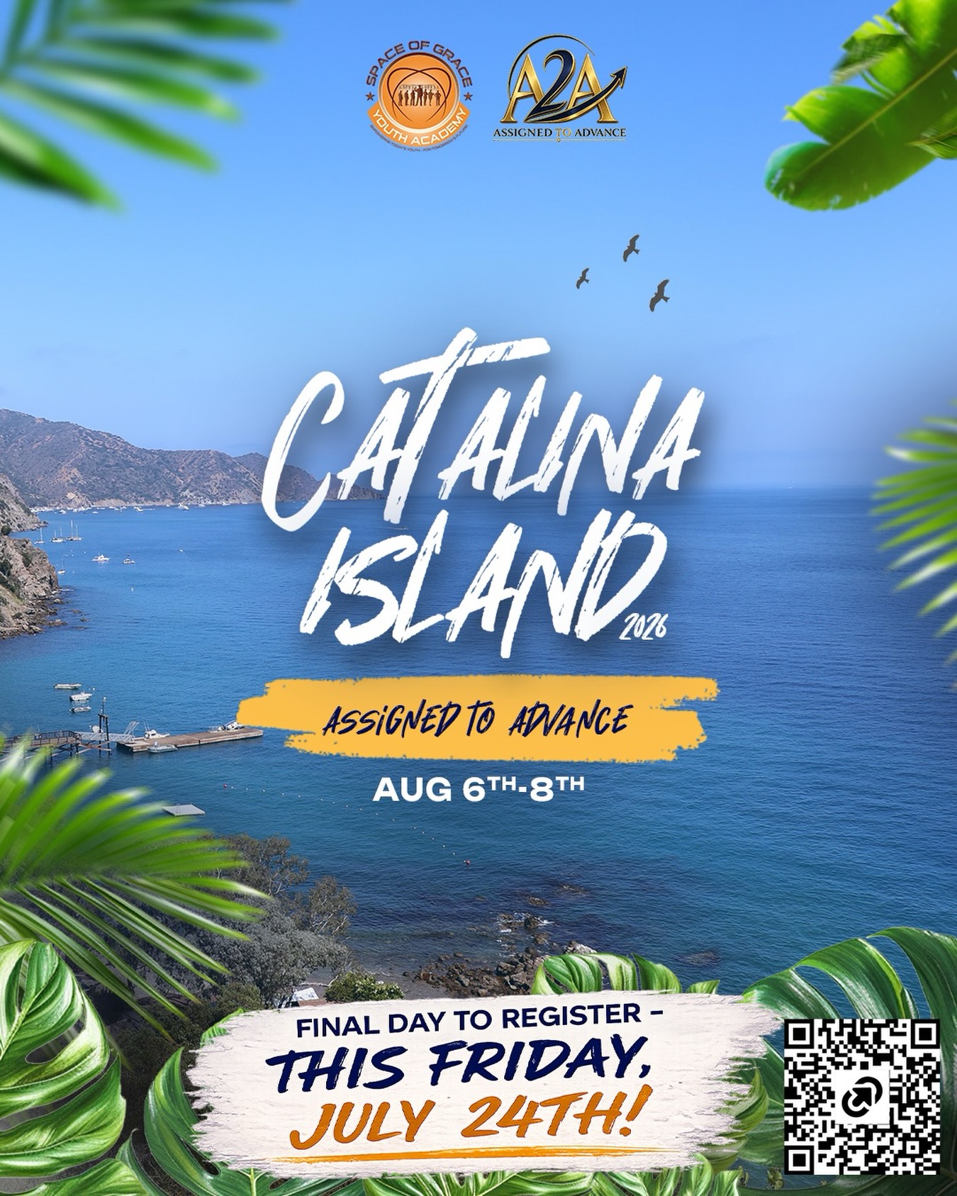 This Friday July 24th is the Final Day to register‼️
Calling all youth & young adults ages 13 to 25! Join us at our annual Space of Grace Catalina Island Trip! ☀️🌊 Thurs Aug 6th - Sat Aug 8th.
A 3 Day/2 Night camping trip stay on the beautiful Catalina Island. Youth will have the opportunity to engage in fun filled activities like team building, kayaking, swimming, youth development workshops, volleyball, hiking and so much more. The cost is $425 which includes charter bus transportation from Sacramento,CA to the island. *$50 deposit required to hold spot.
Open to youth & young adults out of state as well!
Click link in bio to register 🔗
For more information email us at info@dozenterpryz.org
Sponsored by @dozenterpryz