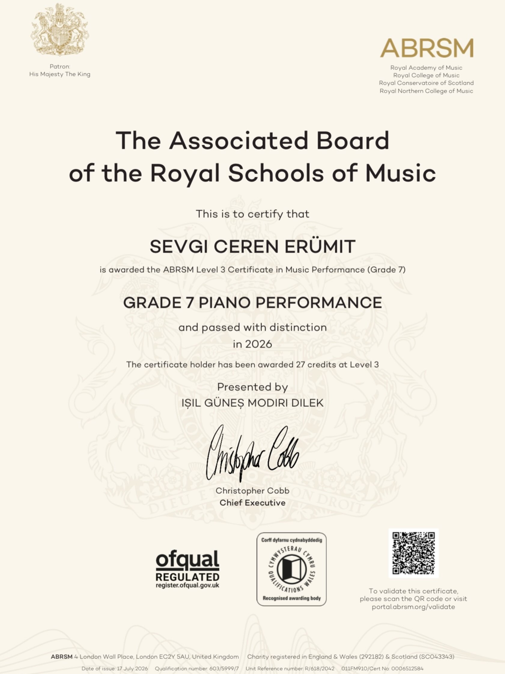 Öğrencimiz Sevgi Ceren Erümit, Royal Akademi 7.Aşama sınavını takdir belgesi alarak geçmiştir🎉. Kendisini ve öğretmenini tebrik ediyor👏🏻 , başarılarının devamını diliyoruz🙏🏻💐.