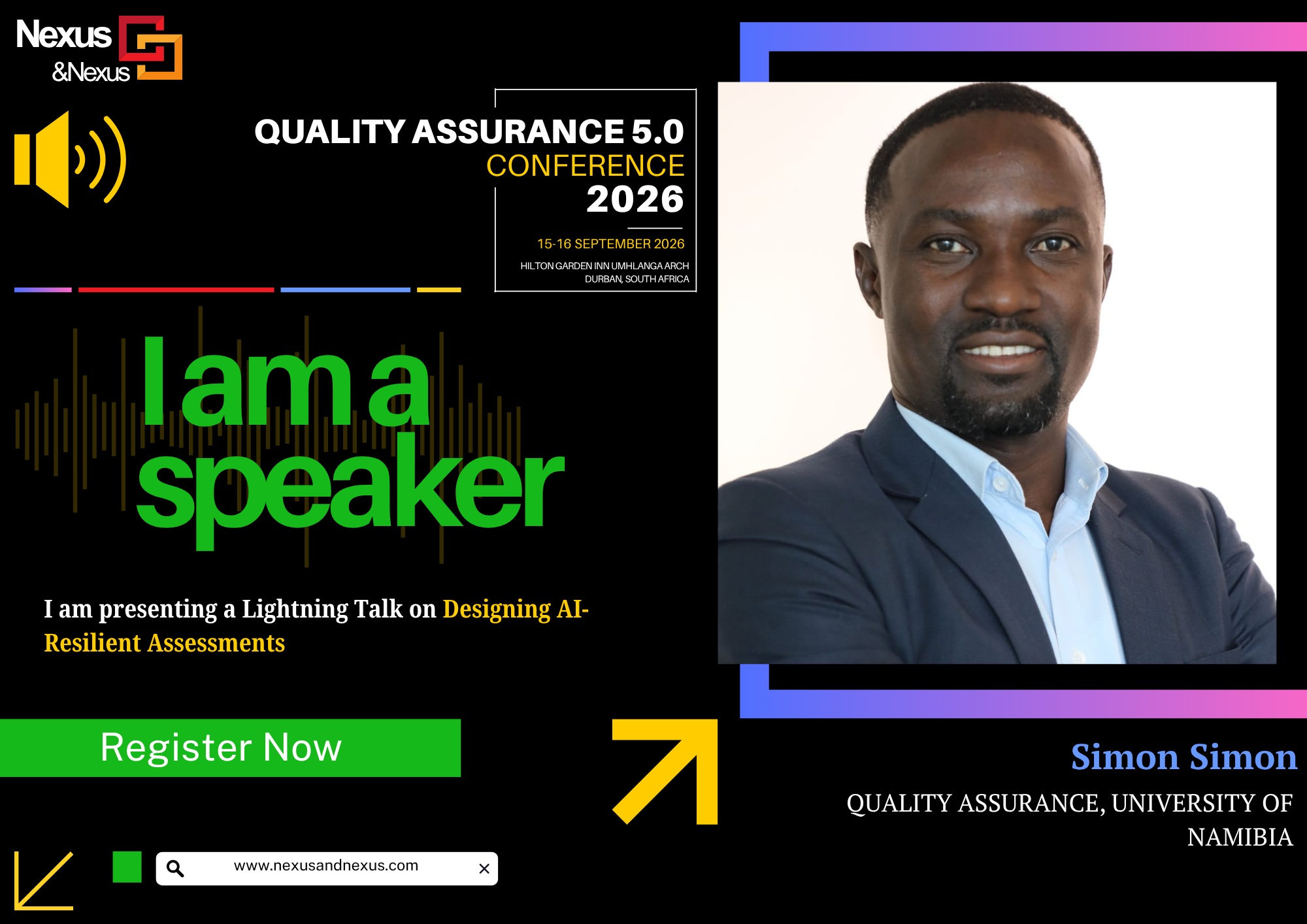 First early-bird has expired, don't miss the next! 📢 📢
Meet Dr Simon N Simon, another top Quality Assurance expert from University of Namibia joining us at the upcoming at Quality Assurance 5.0 Conference 2026 - Assessing Quality of AI-Powered Teaching, Learning and Examination Integrity taking place from 15-16 September 2026 at the Hilton Garden Inn Umhlanga Arch, Durban, South Africa.
Register here: https://www.nexusandnexus.com/quality-assurance
Take advantage of the early bird:
From 10 July 2026: ZAR 8999,99
From 1 August 2026: ZAR 11999,99
@stellenboschuni
@sol_plaatje_university @ufh1916 @universityofvenda @ulvarsity @wits__university @univen_global @university_of_johannesburg @university_of_cape_town @ukzn @universityofpretoria