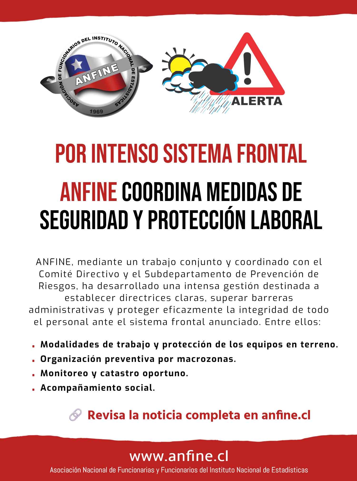 🌧️ ANFINE refuerza medidas de protección ante el sistema frontal
Ante la contingencia climática, ANFINE ha impulsado acciones preventivas para resguardar la seguridad de las funcionarias y los funcionarios, incluyendo trabajo remoto limitado, suspensión de labores en terreno, monitoreo por macrozonas y acompañamiento social.
🛡️ ¡La seguridad de las y los funcionarios es lo primero!
🔗 Revisa la noticia completa en www.anfine.cl
#ANFINE #SeguridadLaboral #SistemaFrontal #PrevenciónDeRiesgos #FuncionariosPúblicos #TrabajoSeguro