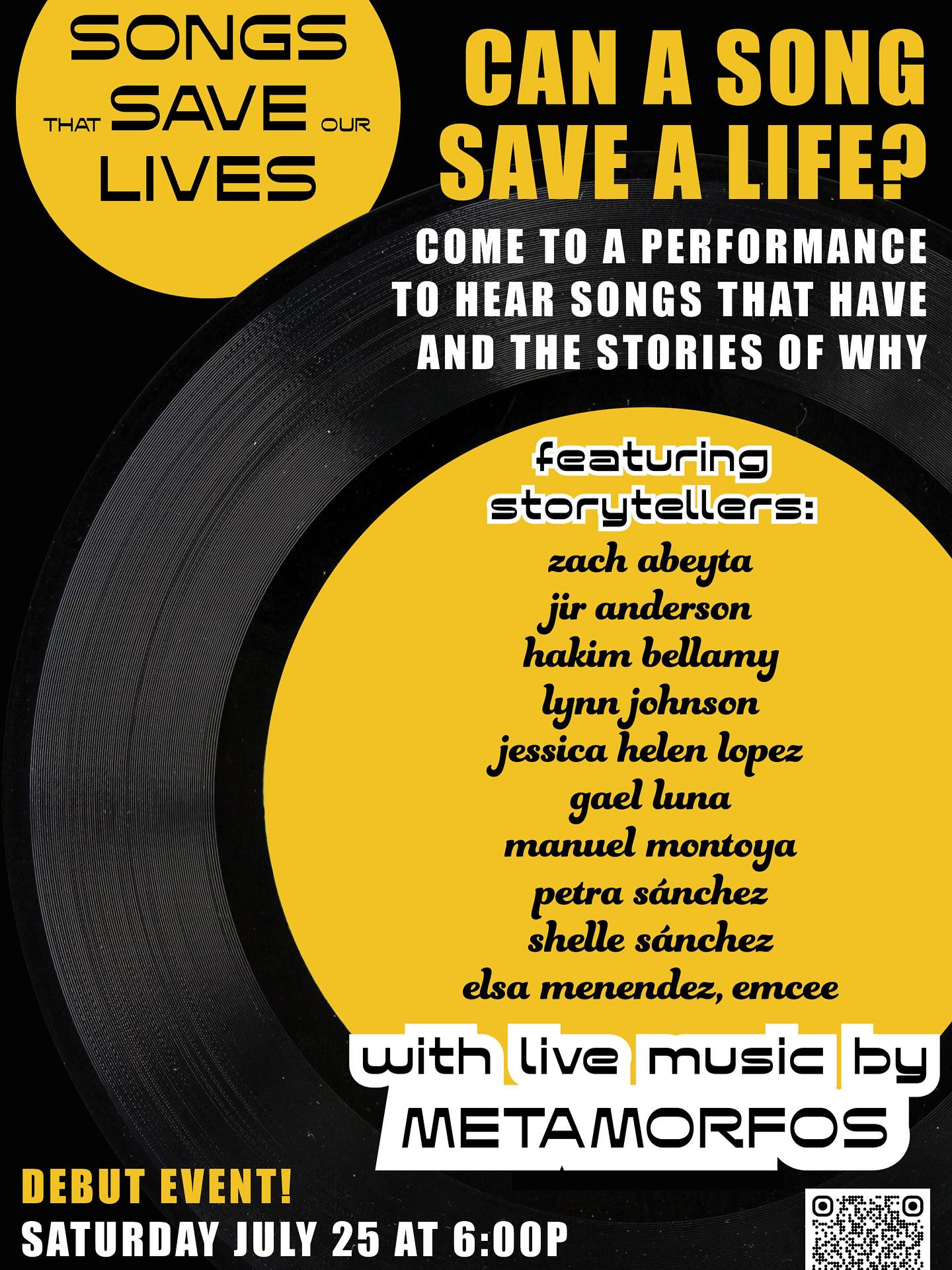 So excited and honored to be apart of this project. Join us July 25th at Keshet Center of the Arts (Ticket link in Bio)
Songs That Save Our Lives (STSOL) invites people to identify one song that holds special meaning, memory, or medicine in their lives — and share the story of why.
Each STSOL event unfolds as a sequence of tune + tale pairings: A live cover of a submitted song is performed by our house band METAMORFOS, preceded by the story of how that song held someone through a defining moment. These gatherings create a shared space of witnessing — revealing, through story, how art helps us endure, make meaning, and find our ways to belonging.
Future STSOL lineups will be programmed through public open call processes. But for the pilot event, we invited Inaugural Storytellers we already know well, so that their insight can inform the creation of supportive frameworks and toolkits for storytellers to come.
You’re invited to join us for the Songs That Save Our Lives debut event, featuring Inaugural Storytellers:
Zach Abeyta
Jir Anderson
Hakim Bellamy
Lynn Johnson
Jessica Helen Lopez
Gael Luna
Manuel Montoya
Petra Sánchez
Shelle Sánchez
Elsa Menendez, Emcee
WITH LIVE MUSIC BY METAMORFOS
Learn more at songsthatsaveourlives.com