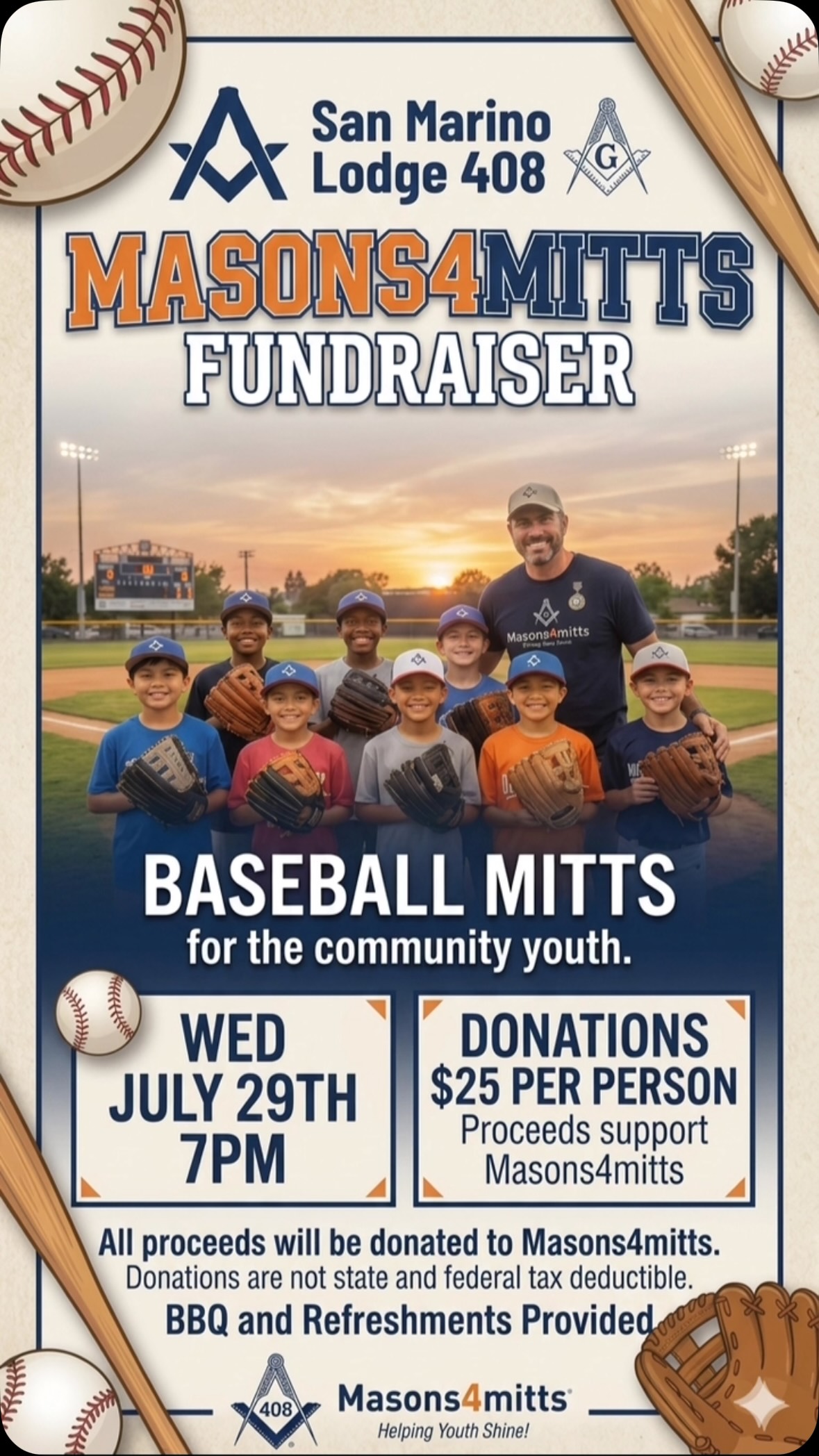 RSVP NOW DM US
San Marino Lodge 408 is hosting the Masons4Mitts Fundraiser, and you’re invited to a night of great food, community spirit, and giving back. Your support helps put baseball mitts directly into the hands of local kids!
#masonsofca #freemasons #sanmarino #masons4mitts #ladodgers⚾️💙
