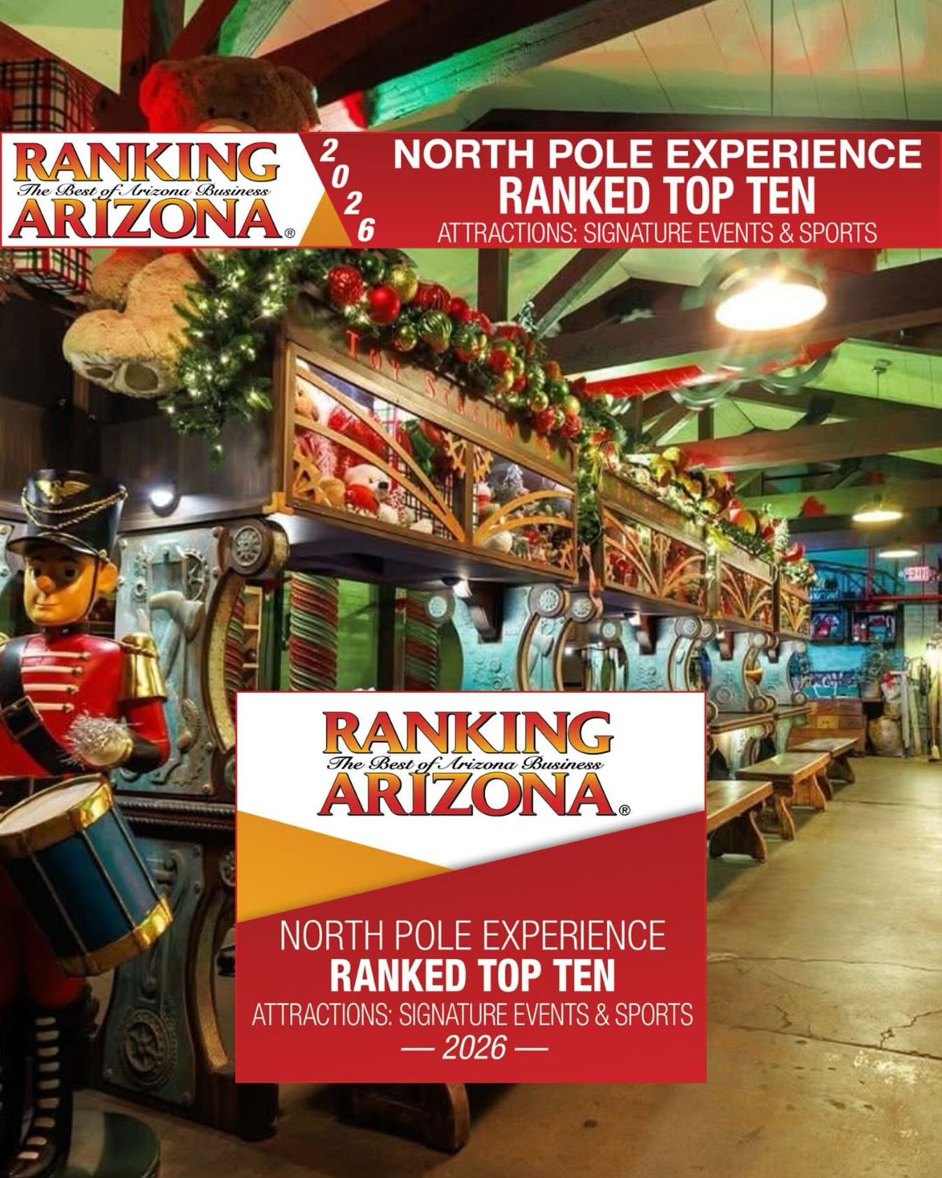 🎉 We have some exciting news! 🎉
The North Pole Experience has been recognized as a Top 10 business in Ranking Arizona 2026 for Signature Events & Sports! 🎄✨
This incredible honor wouldn't be possible without our amazing Cast Members, whose passion, dedication, and holiday spirit create unforgettable memories for every family who visits. ❤️