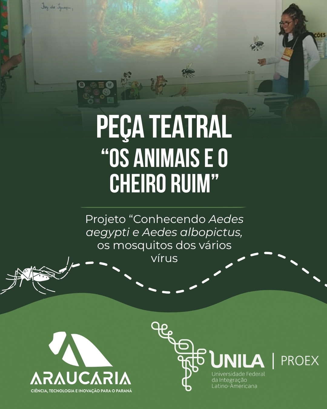 🦟 Hoje queremos mostrar mais uma ação do nosso projeto parceiro, "Conhecendo Aedes aegypti e Aedes albopictus, os mosquitos dos vários vírus"!
O projeto usa várias atividades lúdicas para ensinar sobre as doenças transmitidas pelos mosquitos Aedes!
Na ação de hoje, a peça "Os animais e o cheiro ruim", apresentada pelos extensionistas, usa de uma história divertida e cheia de personagens para falar de ecologia, e despertar a criatividade aliada ao conhecimento nas crianças.
Quando ciência, imaginação e educação caminham juntas, aprender se torna uma experiência enriquecedora, natural e constante! 💚
#UNILA #ExtensãoUniversitária #EcologiaESaúde #EducaçãoEmSaúde #EducaçãoAmbiental #AedesAegypti #AedesAlbopictus #arboviroses