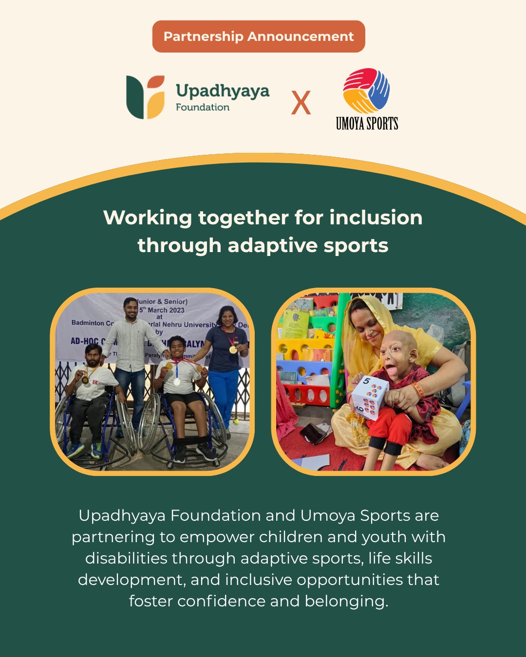 We are proud to partner with Umoya Sports for FY 2026–27.
Umoya Sports is empowering children and youth with disabilities through sport to build confidence, foster inclusion, and create pathways to independence. Through adaptive sports, life skills education, and leadership development, the organisation helps young persons with disabilities realise their potential while promoting equal opportunities both on and off the field.
Through this partnership, we are supporting adaptive sports training, physical and socio-emotional development, leadership and mentorship opportunities, and inclusive sporting events that promote belonging and participation. Together, we aim to create a future where every child has the opportunity to play, grow, and thrive.
We look forward to working with the Umoya Sports team to advance inclusion through sport and ensure that children and youth with disabilities have the opportunities they deserve to lead active, confident, and fulfilling lives.
Learn more about their work: https://umoyasports.com
#Philanthropy #DisabilityInclusion #AdaptiveSports #SportsForDevelopment #InclusiveEducation #UpadhyayaFoundation