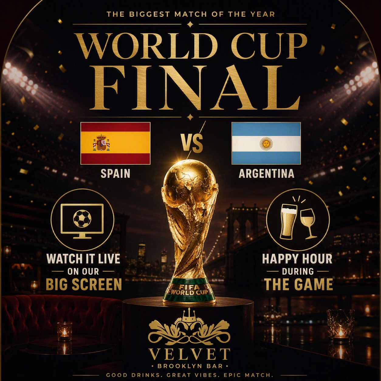 🏆 The Final is here! ⚽️
Catch every moment on our BIG SCREEN, enjoy Happy Hour during the game, and cheer with us at Velvet Brooklyn. 🍻🔥
