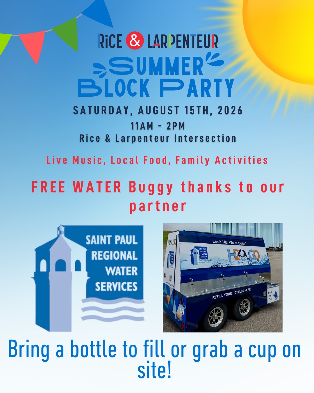 💧Stay cool & hydrated at the RLA Summer Block Party!
We’re teaming up with St. Paul Regional Water Services (@sprws) to provide FREE water all day long!
🌊 Bring your reusable water bottle to refill at our water station, or grab a cup on-site — we've got you covered.
☀️ Whether you're dancing to live music, enjoying the climbing wall, or grabbing a bite to eat, don’t forget to stay hydrated!
📅 Saturday, August 15
🕚 11 AM – 2 PM
📍 SW corner of Rice & Larpenteur
Big thanks to @sprws and our presenting sponsor @mhealthfairview for helping keep our community refreshed and safe! 💛
RSVP!
https://f.mtr.cool/uvaenzhade
#RLASummerBlockParty #StayHydrated #FreeWater #SPRWS #CommunitySupport #ThankYouMHealthFairview #BringYourBottle
